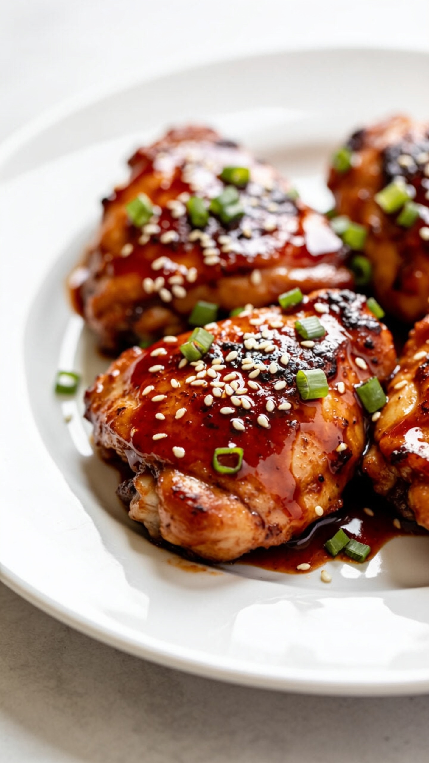A close-up action shot as a fork lifts the perfect bite from the finished dish, glossy sweet chili glaze catching the light, steam barely visible, droplets of glaze trailing from the bite back toward the plate, plate dominates the frame, ultra-tight crop, bright natural lighting, shallow depth of field, no hands visible.
