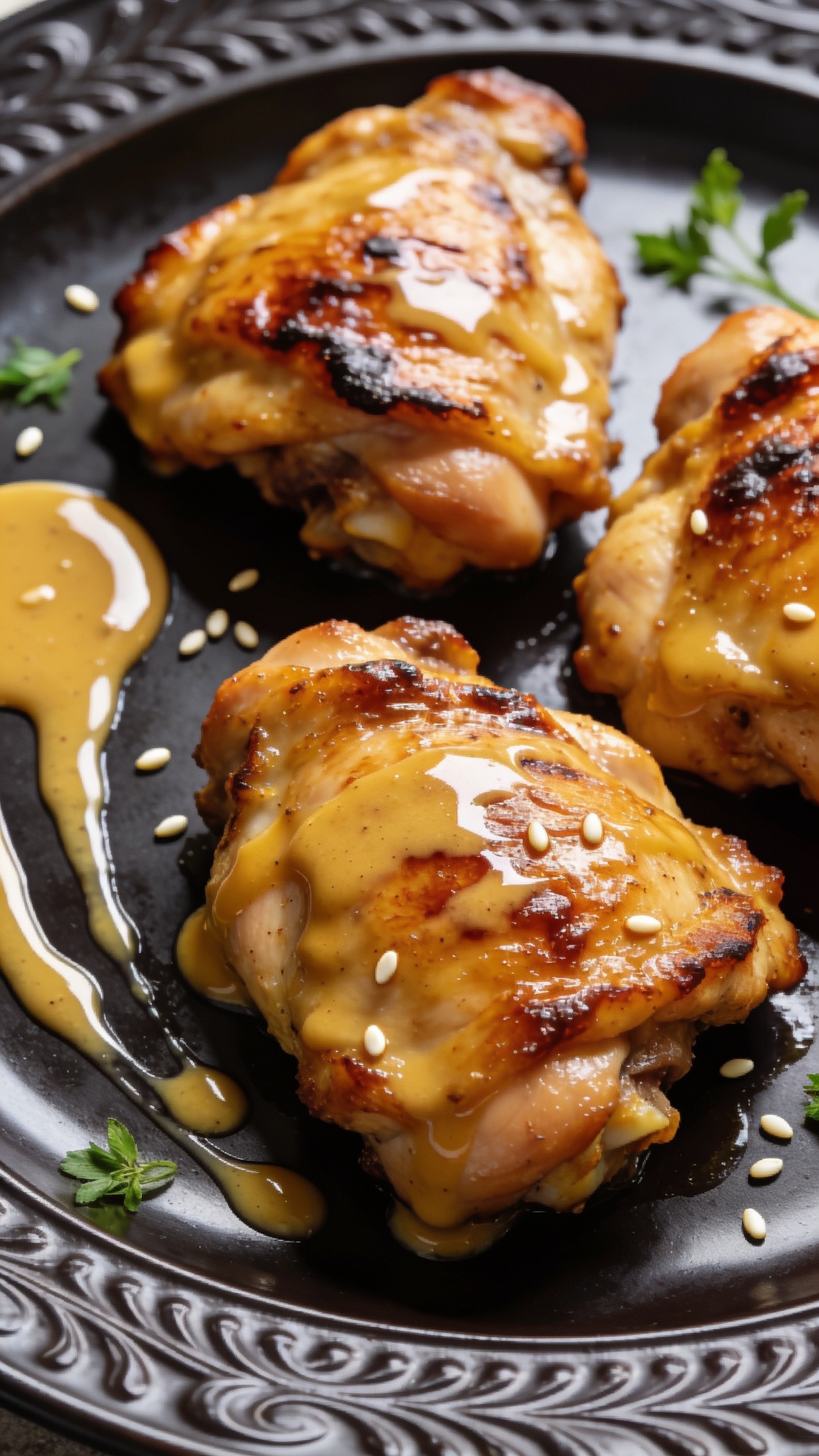 A stunning hero shot of the finished High Protein Honey Mustard Chicken Thighs plated beautifully on a dark, elegant plate with a glossy glaze lacquer, skin-on chicken thighs arranged with caramelized edges visible, a subtle drizzle of honey mustard glaze on the side, and a few sesame seeds and fresh herbs accenting the plate; bright natural light, shallow depth of field, rich textures, no people or utensils in frame, the dish filling 90-95% of the frame.