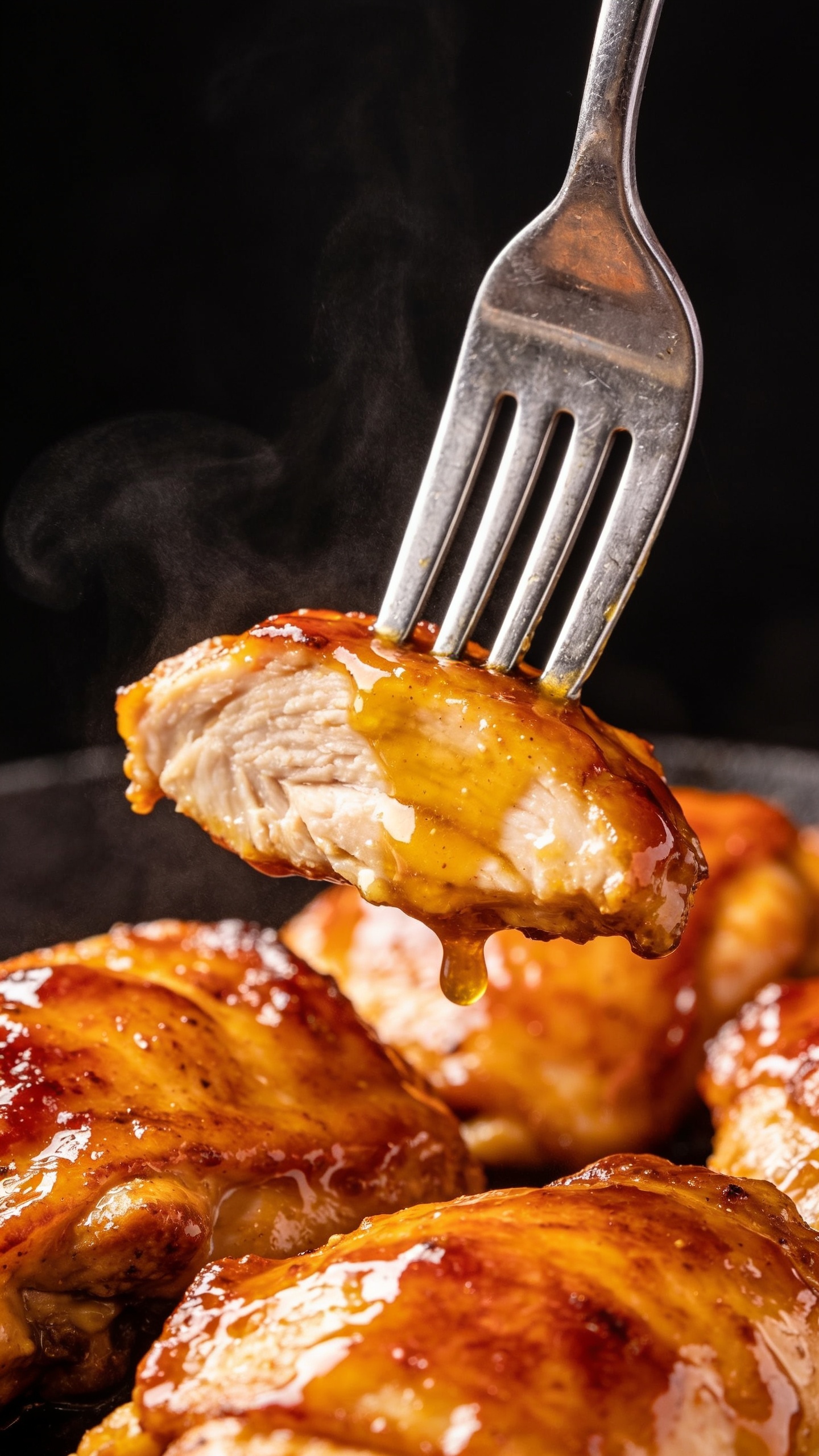 A dynamic, mouthwatering close-up of the moment just before the perfect bite: a fork lifting a juicy, sticky chicken thigh with glossy honey mustard glaze clinging to the surface, steam faintly rising, shallow depth of field, vibrant colors, premium food styling, no hands or faces, the food occupying 90-95% of the frame.
