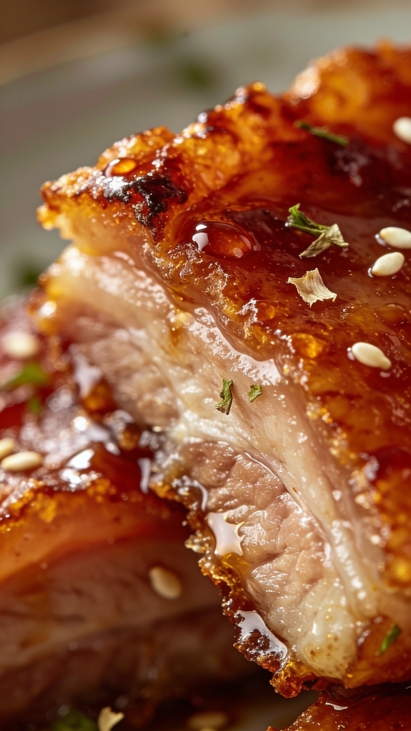 A ultra-close, close-up texture shot from a slightly angled side view: the crispy skin-to-meat edge with caramelized glaze, droplets of glaze catching the light, a few torn herbs or sesame seeds delicately sprinkled, vibrant colors, rich textures, bright natural lighting, shallow depth of field, 90-95% food fill, no people or utensils other than the dish itself.