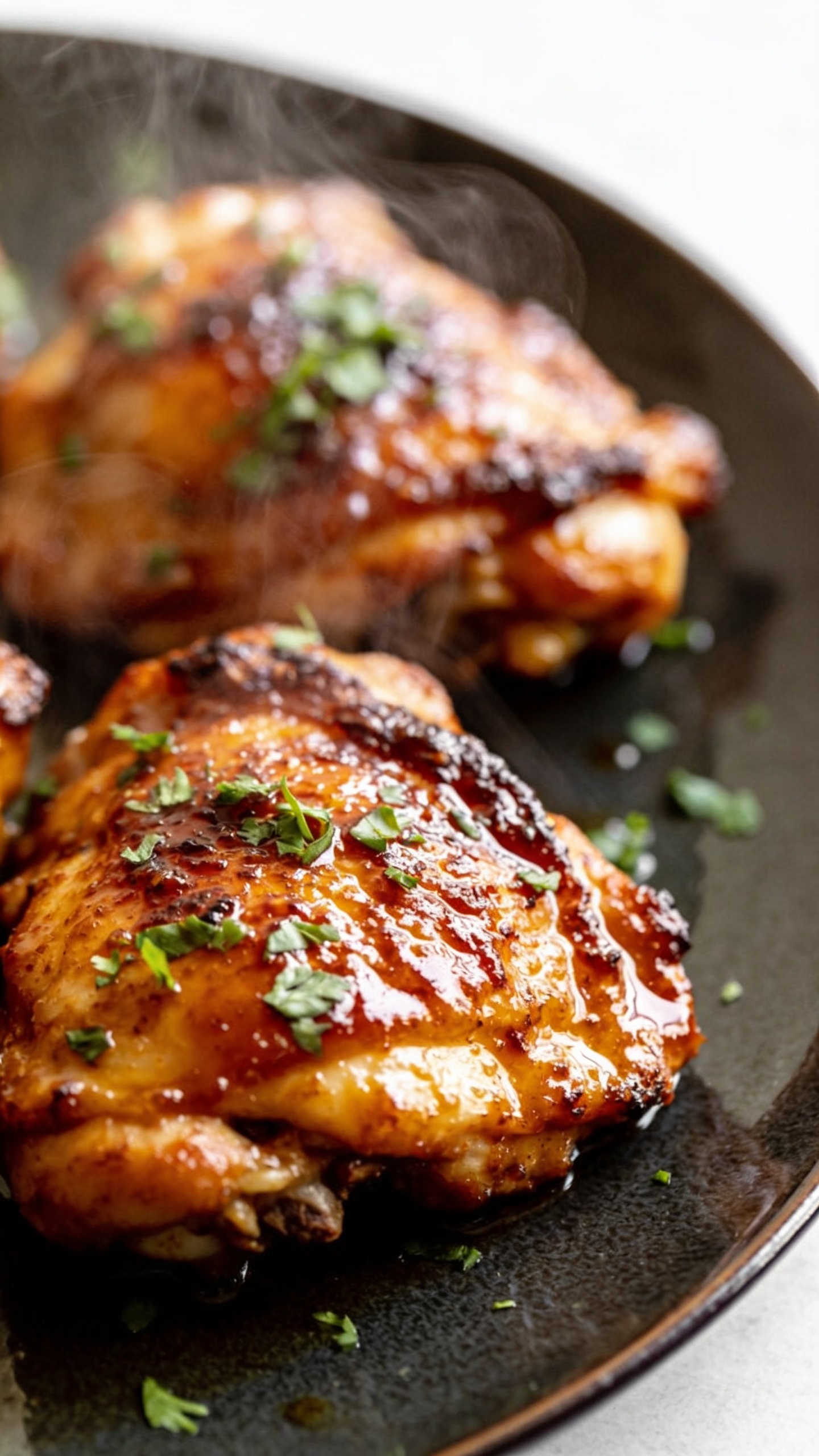 A stunning hero shot of finished High Protein Hot Honey Chicken Thighs plated on a dark, glossy plate with caramelized skin and a lacquered glaze, crisp edges steaming softly, garnish of chopped parsley, shallow depth of field, bright natural light, everything in the frame exactly as in the finished dish, no people, no text.