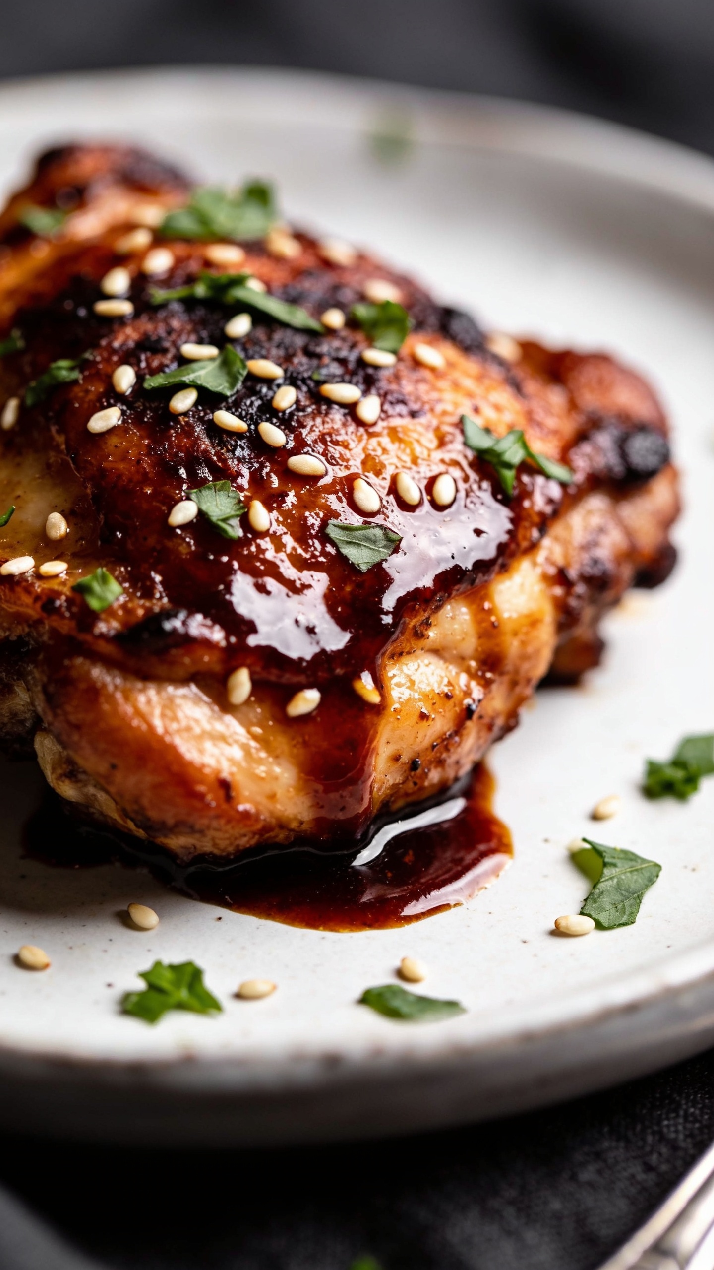 A super-close, moody angles shot of the finished dish from the side, gloss-edged chicken thigh with sticky glaze cascading slightly, tiny sesame seeds and fresh green herbs falling onto the surface, crisp skin visible, rich textures and depth, bright natural lighting, ultra shallow DOF, no utensils other than the implied fork in one frame, no people, no text.
