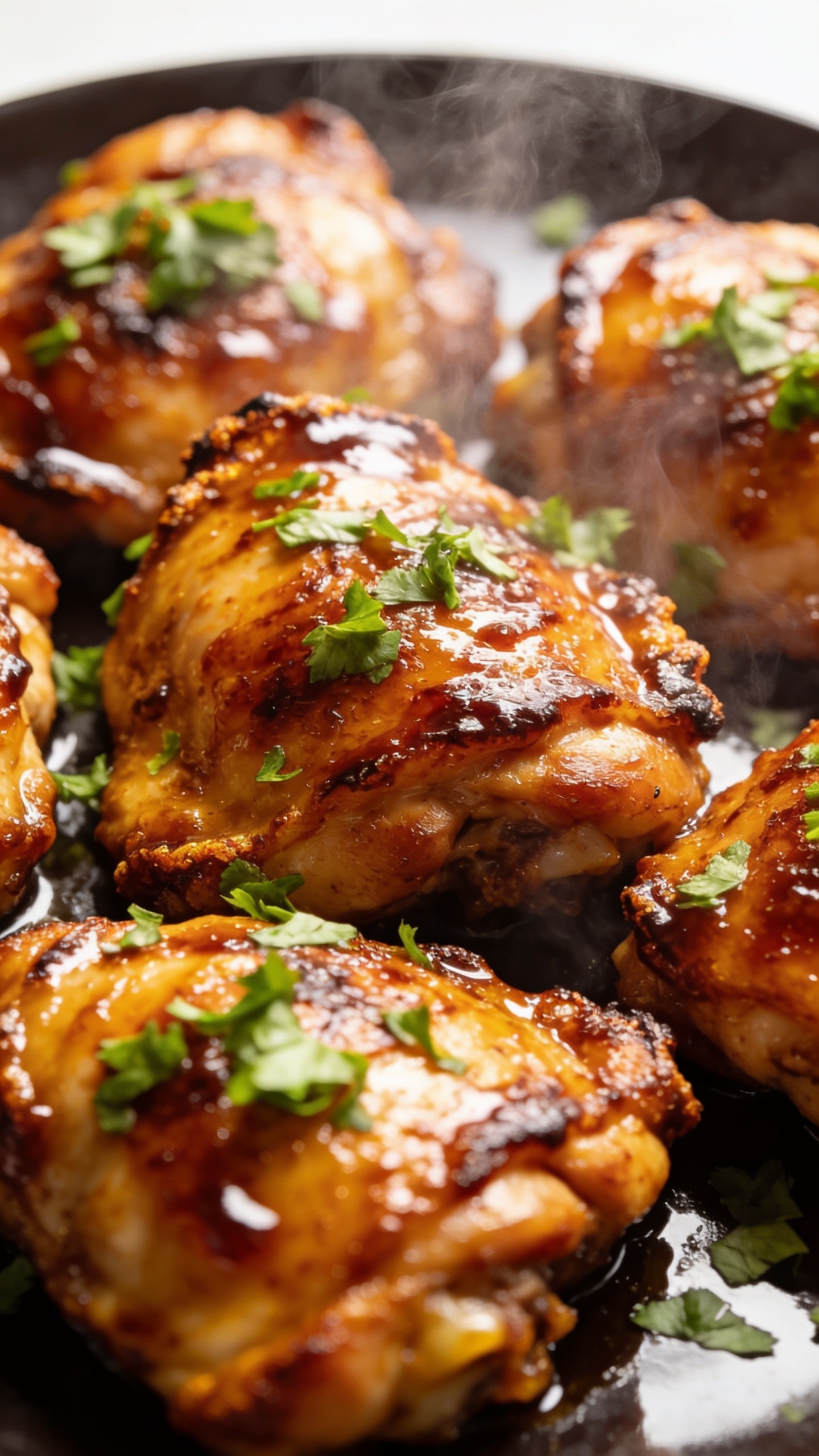 A close-up, ultra-high-detail moment of the perfect bite being lifted by a fork from the plate, glossy hot honey glaze clinging to the chicken, steam wisps curling, vibrant color contrast between the dark plate and golden thighs, shallow depth of field, natural daylight, no hands or faces, food occupying 90–95% of the frame.