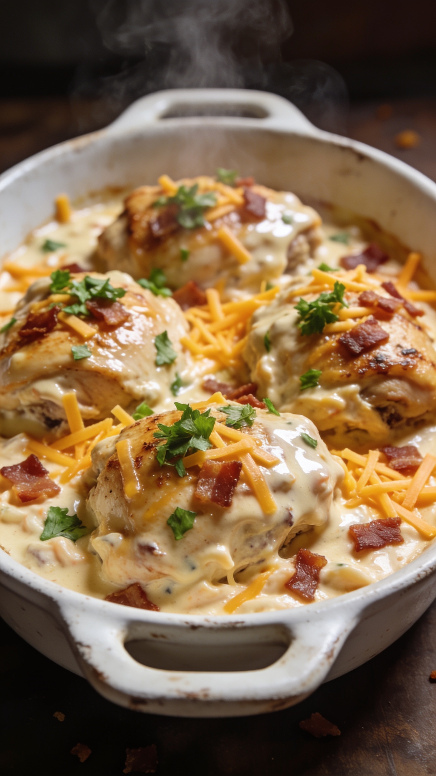 A stunning hero image of the finished High Protein Crack Chicken Thighs plated on a rustic white dish, garnished with chopped parsley, with glossy creamy sauce, shredded cheddar visible, bacon bits sprinkled, and steam faintly rising; the plate is centered, warm natural light, vibrant colors, shallow depth of field, the entire finished recipe item fills 90-95% of the frame, no text, no people.