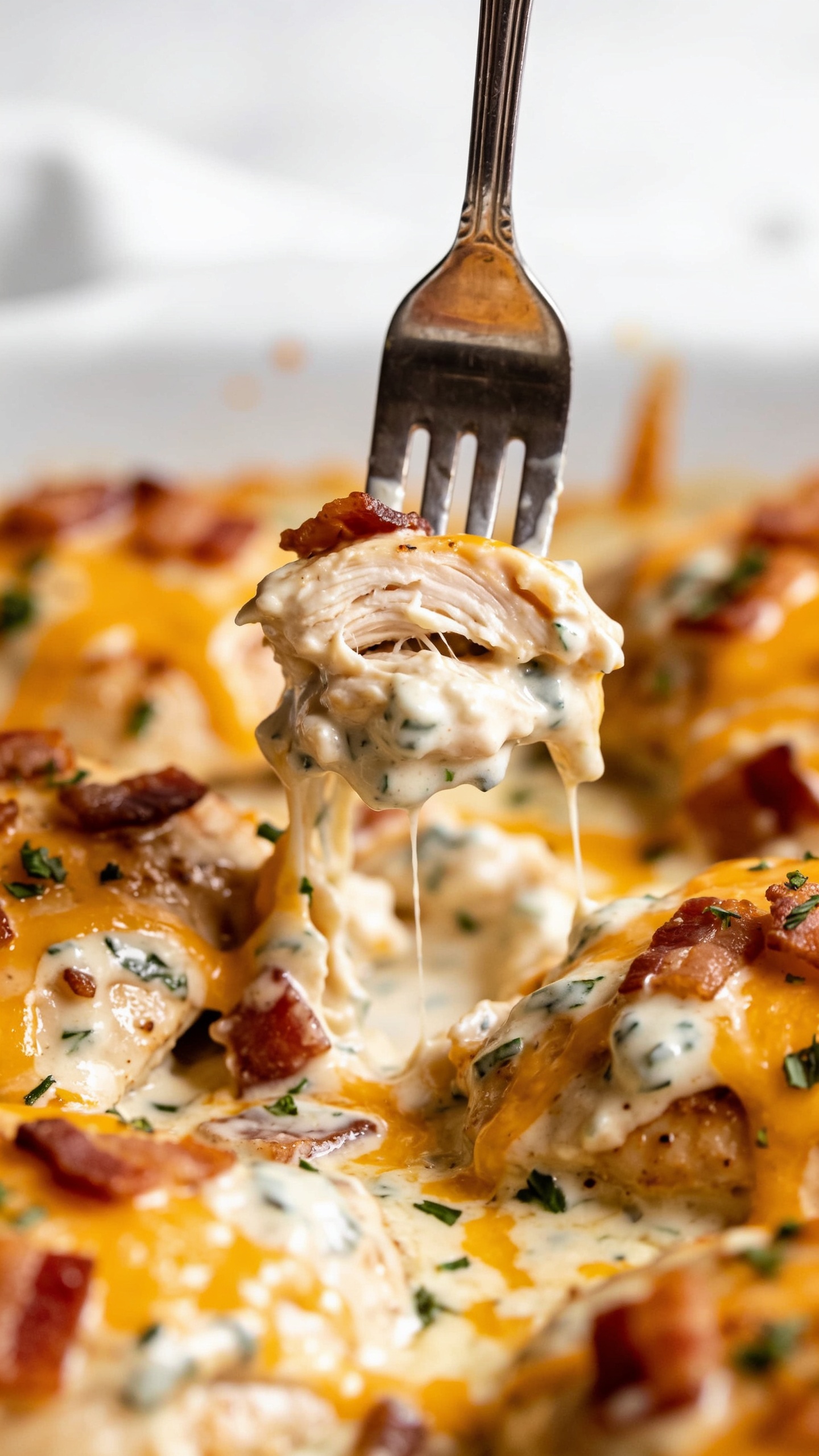 A close-up action moment: a fork lifting the perfect bite of the finished crack chicken thighs, showcasing juicy, tender chicken smothered in creamy ranch-cheese sauce with melted cheese stretching slightly, bacon bits and herbs visible, glossy surface, shallow depth of field, bright natural lighting, 90-95% food fill, no hands or people.