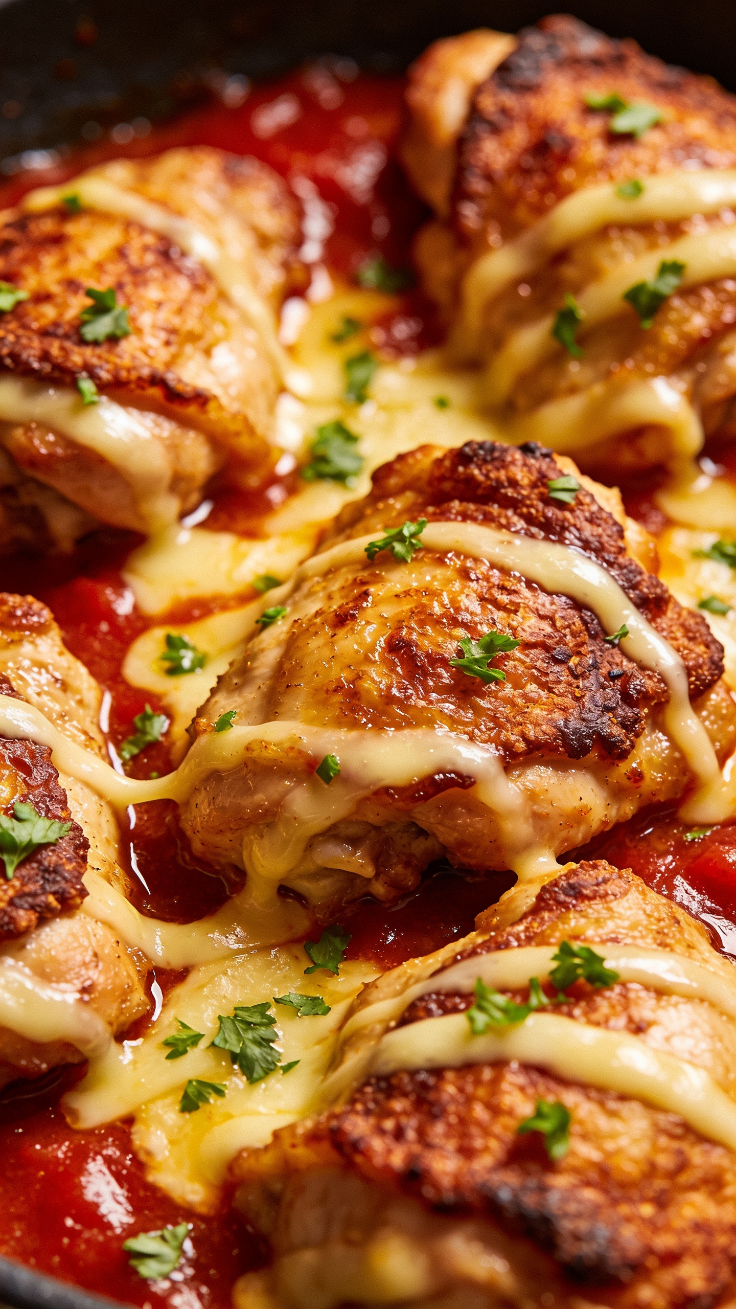 A second close-up still from a different angle: the finished dish from above at a slight diagonal, capturing crispy browned edges on the chicken thighs, glossy sauce cascading over the meat, ribbons of melted cheese visible, fresh parsley flecks, vibrant color contrast, premium food-blog styling, bright natural light, shallow depth of field, 90-95% of frame as food.