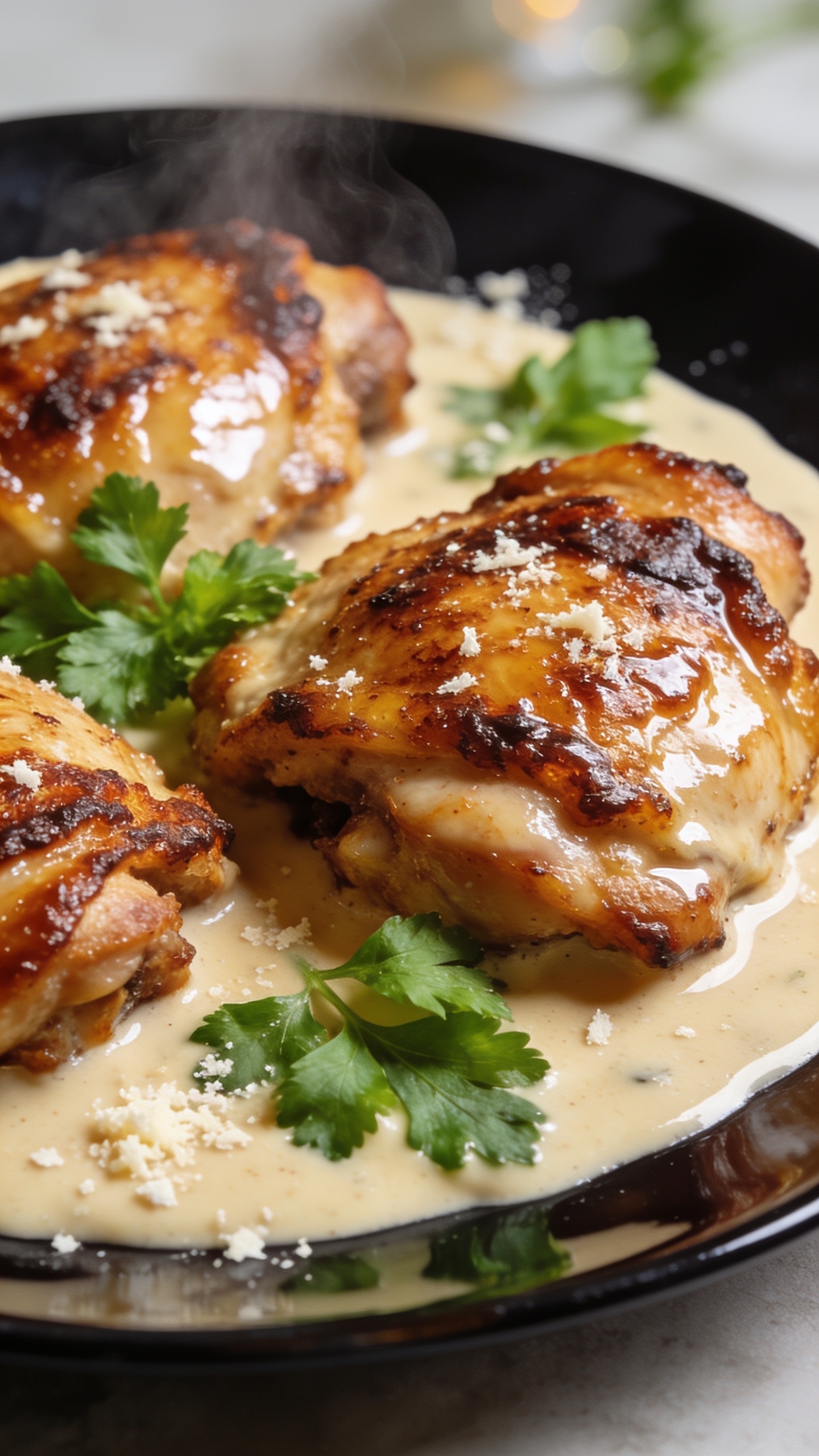 A stunning hero shot of the finished High Protein Marry Me Chicken Thighs plated beautifully on a dark, glossy plate with rich creamy sauce, parmesan specks, and fresh parsley. The chicken thighs are perfectly seared with crispy, caramelized edges, glossy sauce shimmering, steam faintly rising, and the plate styled with subtle background bokeh; no people or hands visible, bright natural lighting, 3:2 aspect.