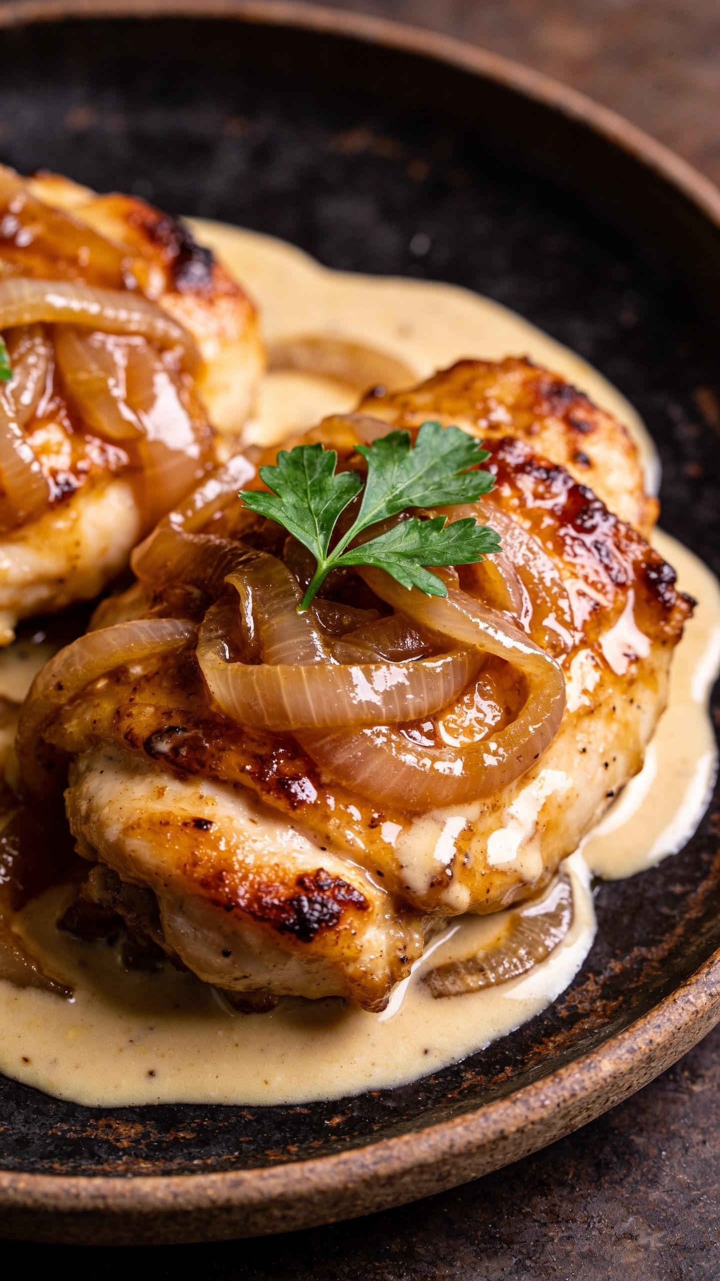 A stunning hero image of the finished High Protein French Onion Chicken Thighs: glossy, caramelized-onion sauced chicken thighs with creamy pan sauce, melted edges, and a sprig of parsley on top, plated on a dark rustic plate, rich warm tones, natural light, shallow depth of field, food occupying 90–95% of frame, no people, camera close-up.