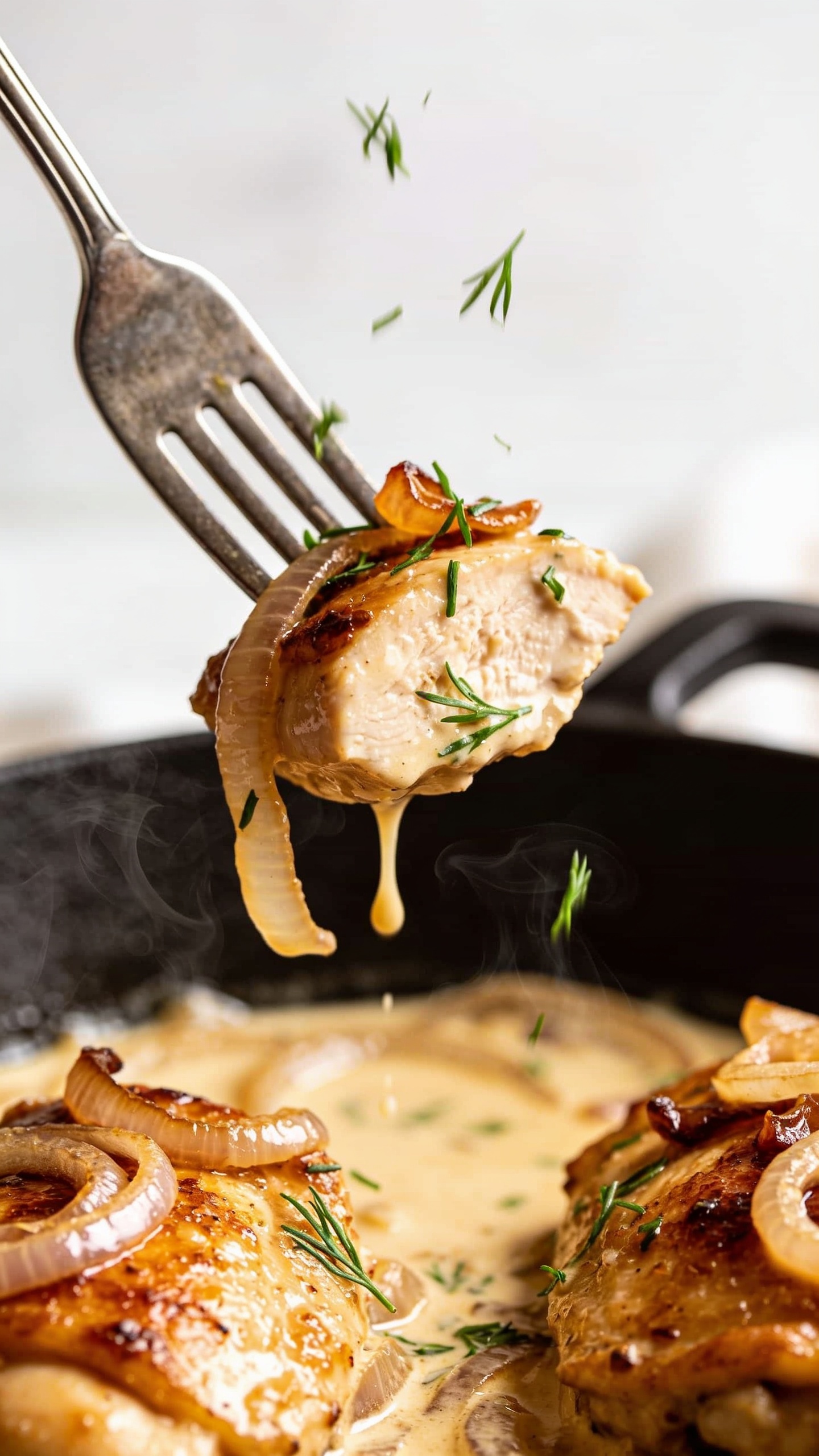 Close-up action prompt capturing the most irresistible moment: a fork lifting the perfect bite of chicken thigh with creamy onion sauce glistening, steam rising subtly, caramelized onions cling to the meat, glossy pan sauce trails, vibrant herbs falling onto the bite, ultra-close, 90–95% food fill, bright natural lighting, blurred background.