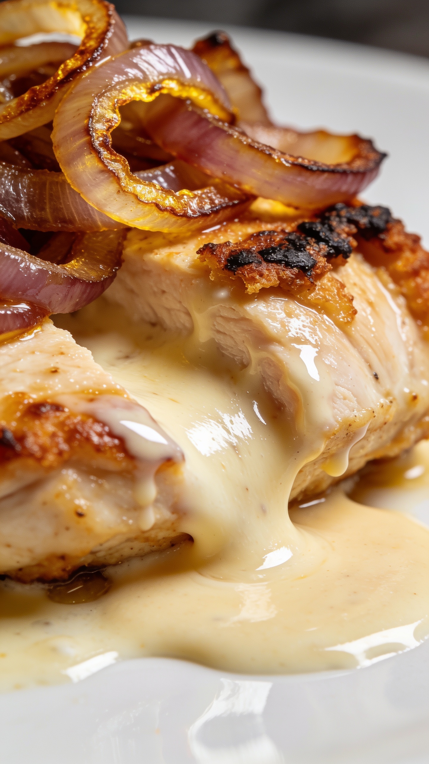 Two more ultra-close, magazine-quality angles of the finished dish from different perspectives: 1) a top-down macro shot highlighting the caramelized onions, crispy edges, and creamy sauce pooling around the chicken; 2) a shallow side-angle focusing on melted sauce and cheese-like glossy sheen (if cheese not used, emphasize cream and sauce), all with vivid colors, crisp textures, and minimal background disruption, natural light, shallow depth of field, food filling 90–95% of frame.