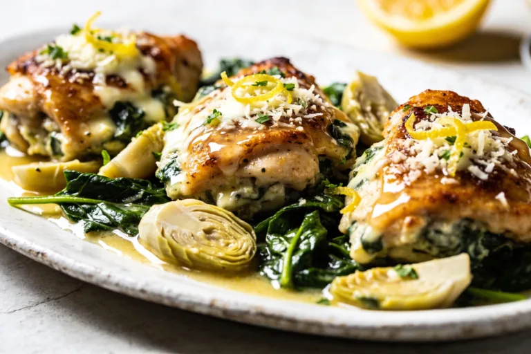 High Protein Spinach Artichoke Chicken Thighs