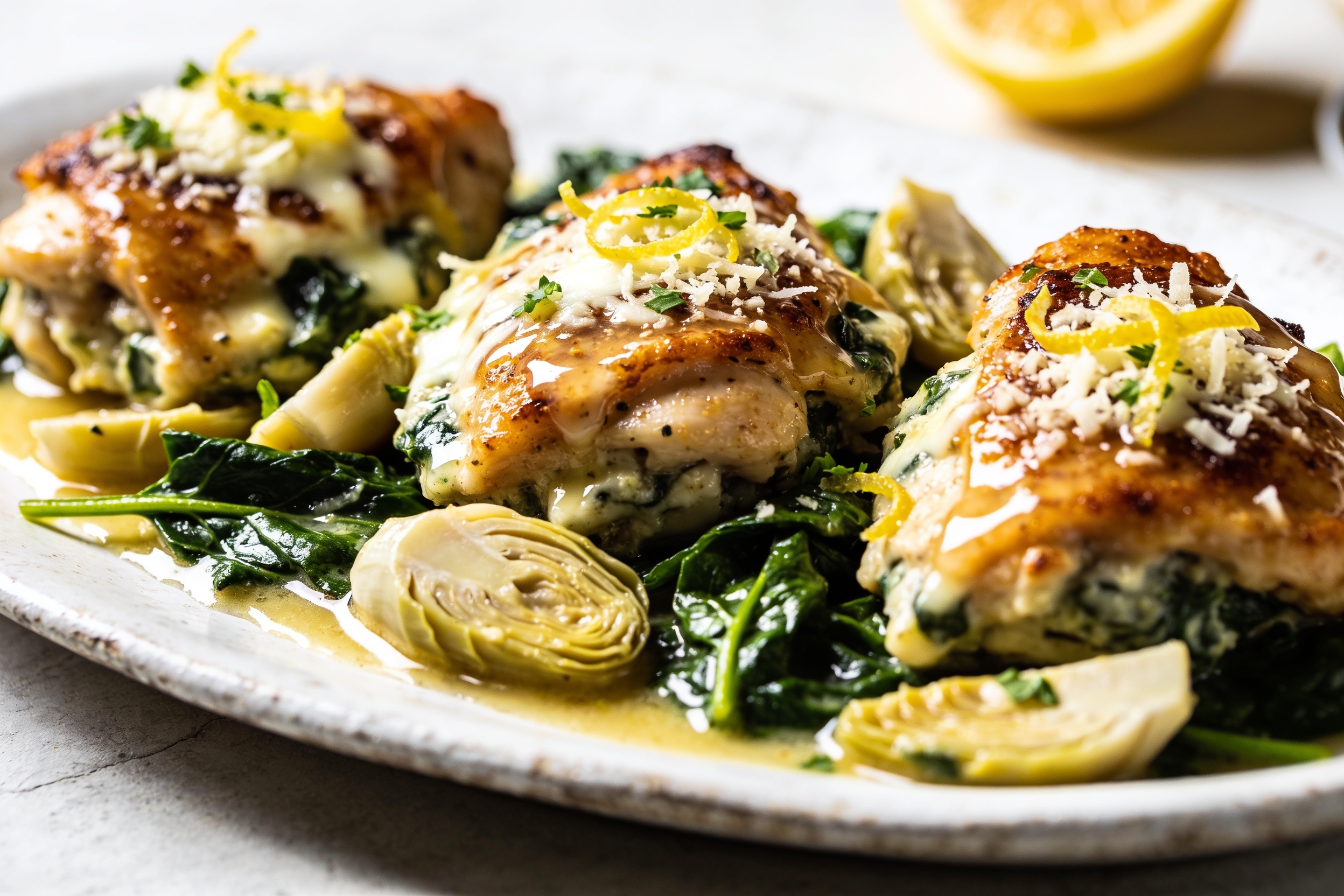 High Protein Spinach Artichoke Chicken Thighs