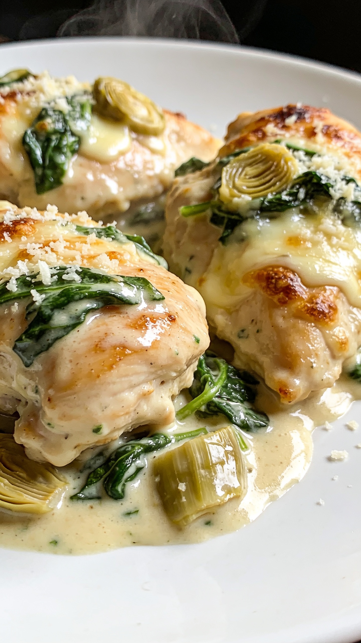 A stunning hero image of the finished High Protein Spinach Artichoke Chicken Thighs plated elegant on a pristine white plate, glossy creamy sauce coating the juicy chicken, wilted spinach and artichoke visible, melted mozzarella and parmesan lightly browned around the edges, bright natural lighting, shallow depth of field, ultra-close-up, 90-95% food fill, no hands or people, slight steam rising.