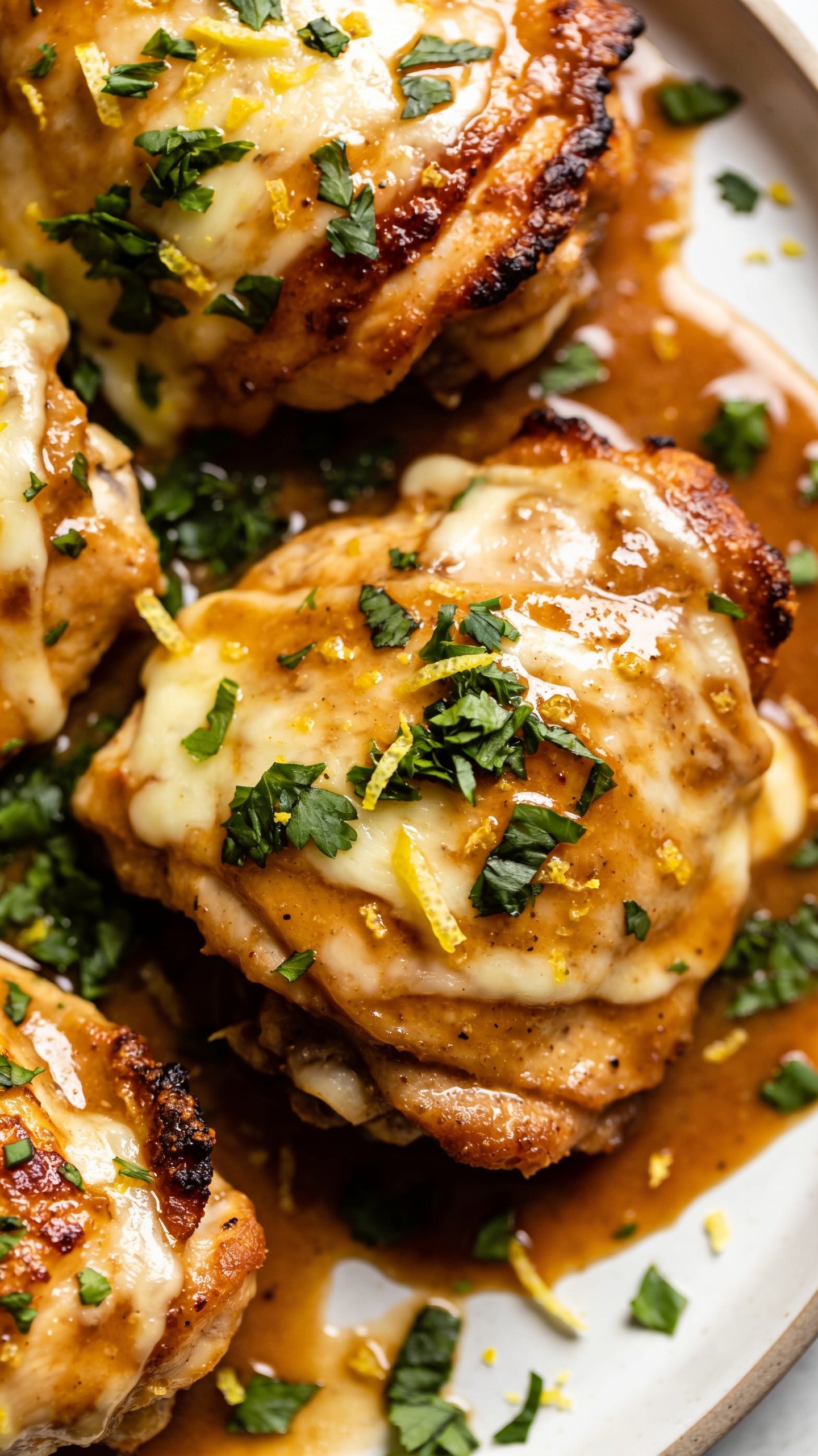 Ultra-close-up, same finished dish from a different angle: top-down macro of the plate showing juicy chicken thigh, melted cheese, glossy sauce, fresh chopped parsley and lemon zest flecks, crisp edges, rich textures, deep colors, shallow depth of field, 90-95% food fill, bright natural lighting, no hands or people.