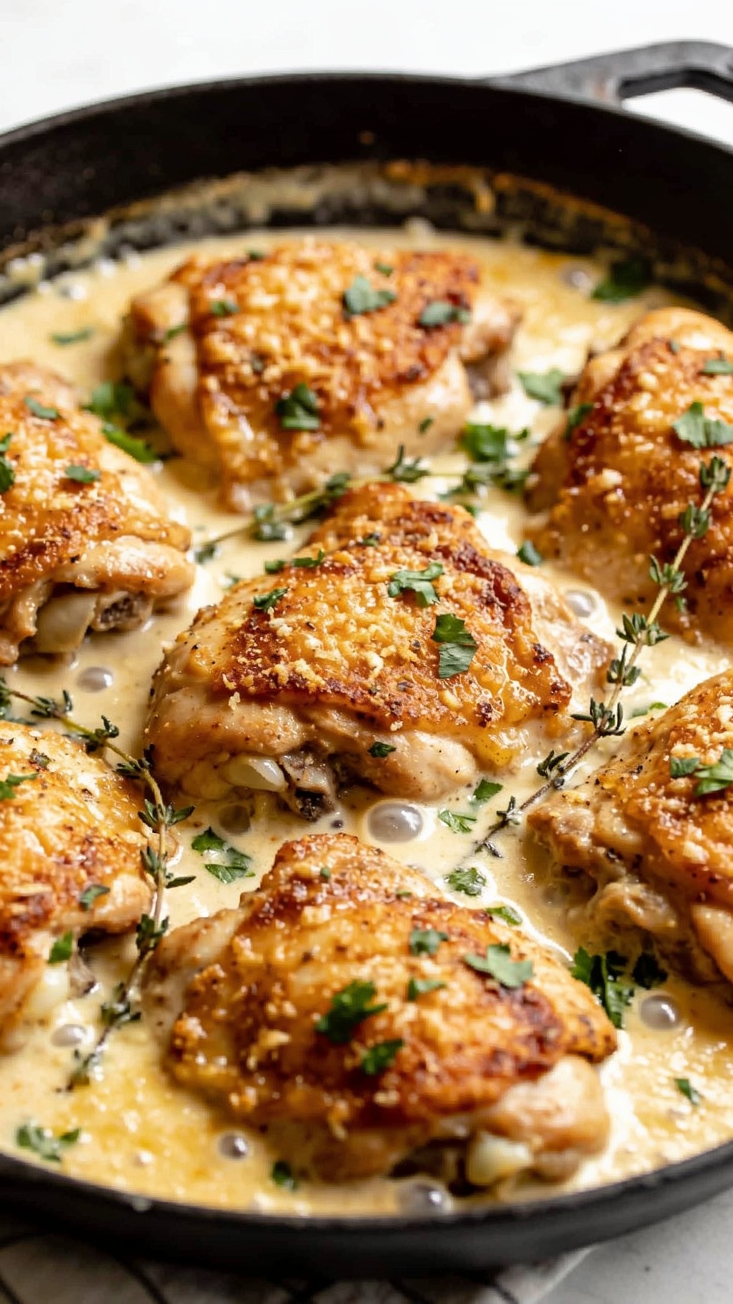 A stunning hero shot of the finished High Protein Creamy Parmesan Chicken Thighs in a rustic skillet, glossy parmesan cream sauce bubbling at the edges, juicy bone-in skin-on chicken thighs arranged artfully, vibrant golden crust, sprinkled with fresh parsley and thyme, bright natural light, shallow depth of field, rich textures, no hands or faces, 1:1 close-up.