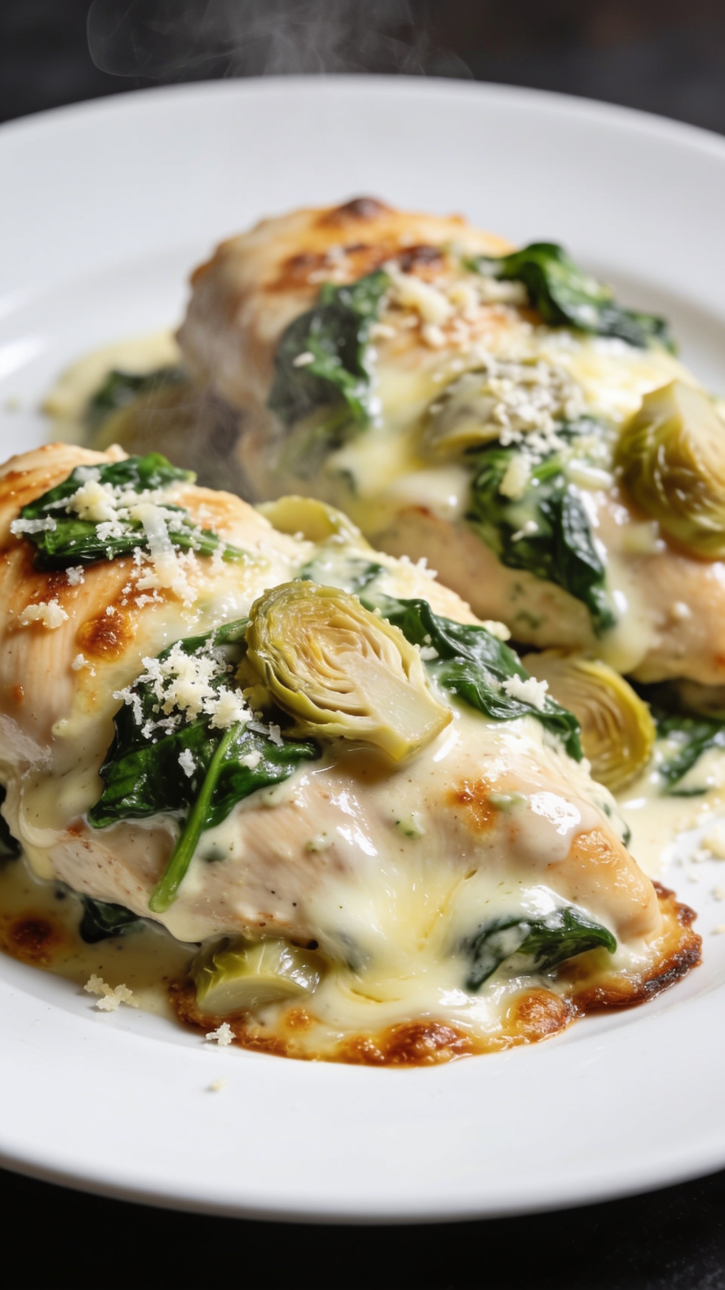 A dynamic close-up action shot: a fork lifting the perfect bite of the finished dish, the creamy spinach artichoke filling visible, glossy sauce clinging to the fork, steam just about to escape, vibrant colors, shallow depth of field, 90-95% food fill, no hands or people, bright natural light, premium food-photo styling.