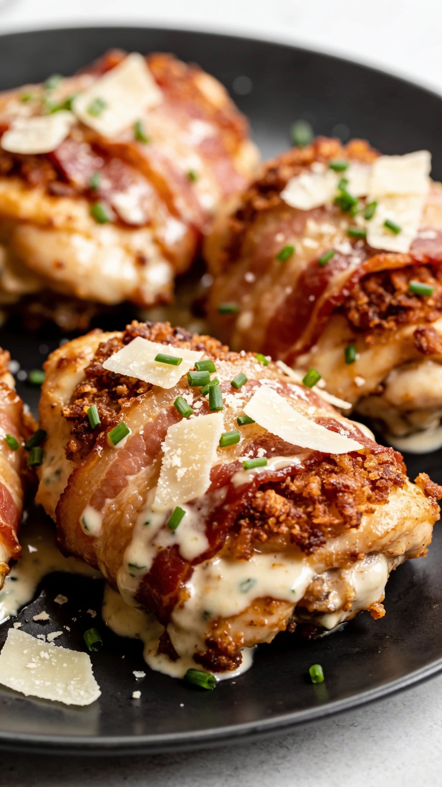 A stunning hero close-up of the finished High Protein Bacon Ranch Chicken Thighs plated on a sleek dark plate, crispy bacon-crusted chicken thighs glistening with a glossy ranch glaze, parmesan shavings, and a sprinkle of chopped chives; bright natural light, shallow depth of field, rich textures, and vibrant colors filling the frame with no hands visible.