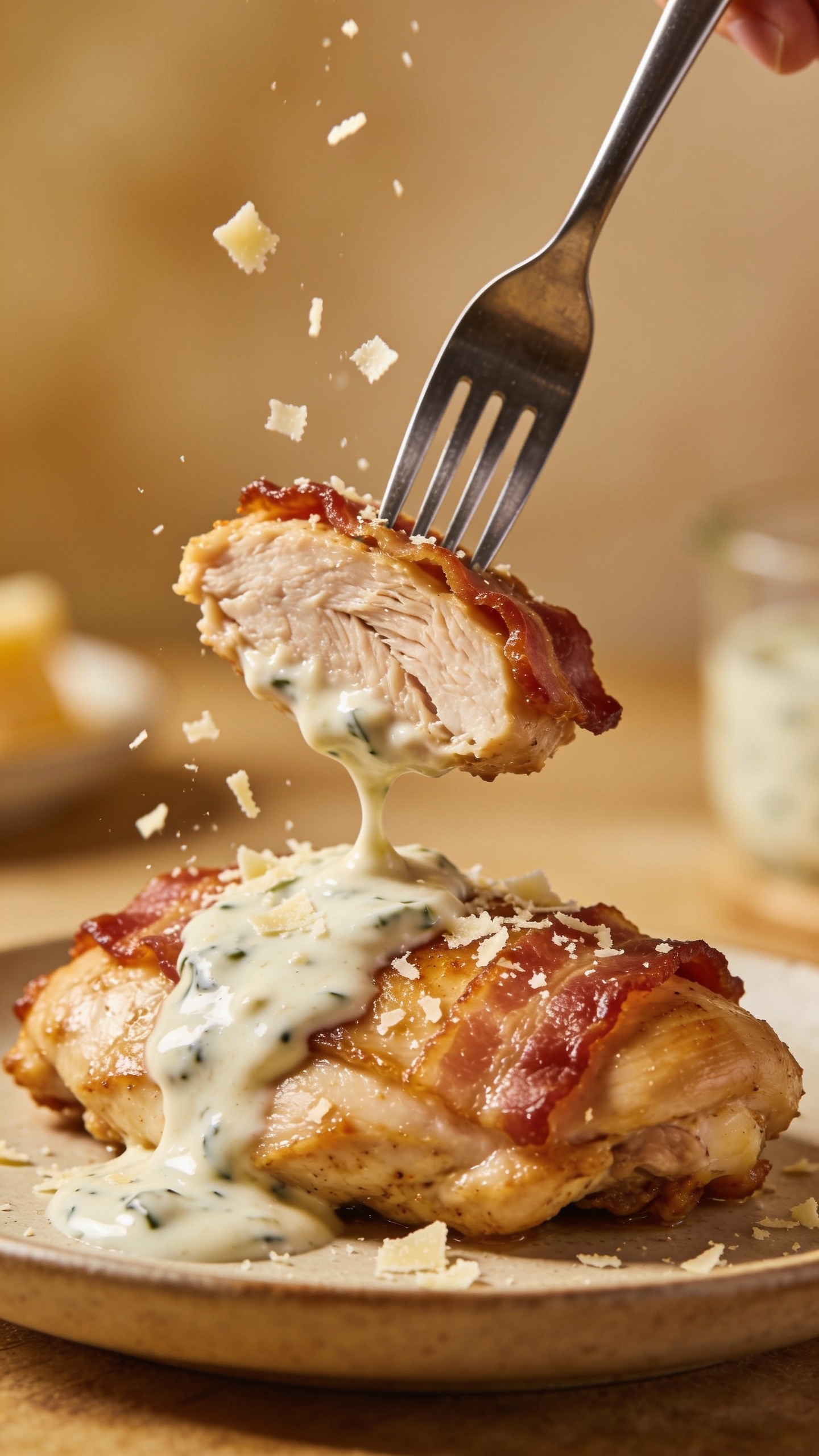 A mouthwatering close-up action shot capturing a fork lifting the perfect bite: fibrous juicy chicken thigh with crispy bacon edge and creamy ranch sauce dripping slightly, parmesan cheese flakes catching the light, shallow DOF, premium food-blog styling, 90–95% food-filled frame, no hands or faces.