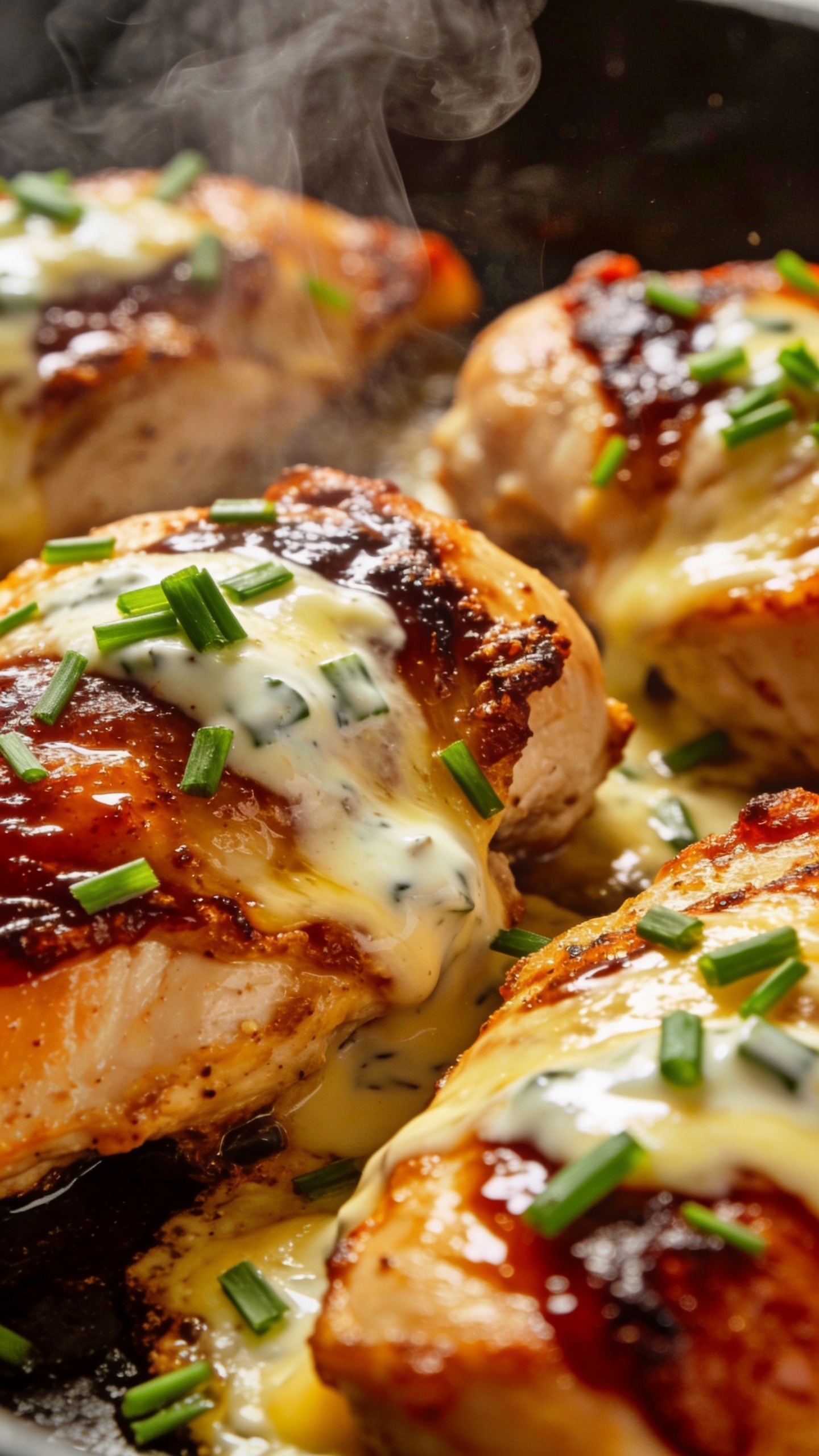A dynamic, ultra-close-up side-angle of the finished dish showing steam wisps and a glossy glaze coating the chicken, with melted cheese or ranch glaze visible, fresh chives sprinkled on top, bright natural lighting, deep textures, and a shallow depth of field to emphasize juiciness and crispy edges; the composition should look like a single, cohesive food-shot series.
