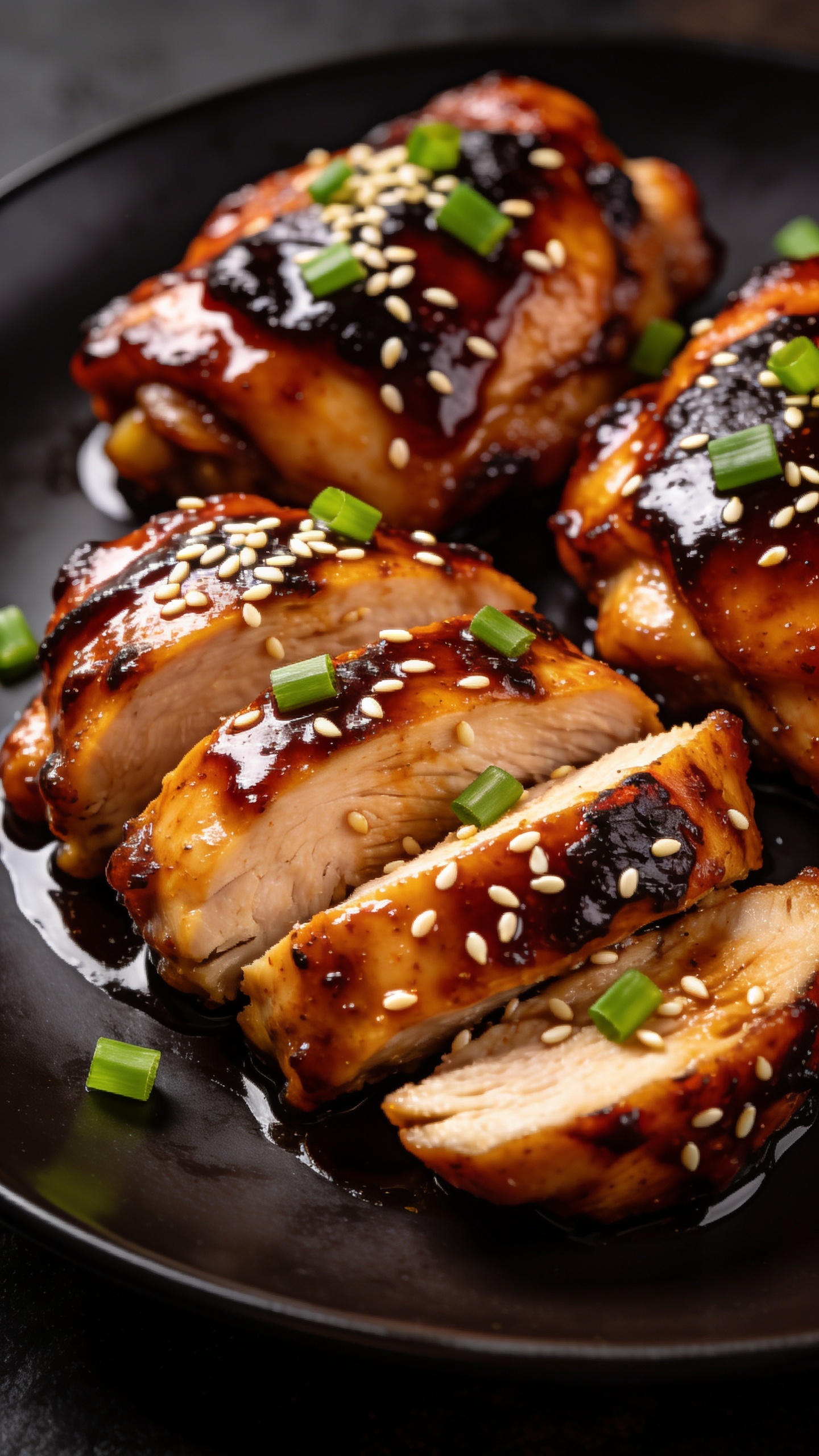 A stunning hero close-up of the finished High Protein Korean BBQ Chicken Thighs plated on a sleek dark plate, glossy smoky-sweet glaze lacquered over juicy sliced chicken thighs, sesame seeds sprinkled, green onions for garnish, vibrant lighting, shallow depth of field, food filling 90–95% of frame, no people or hands, natural textures and rich colors.
