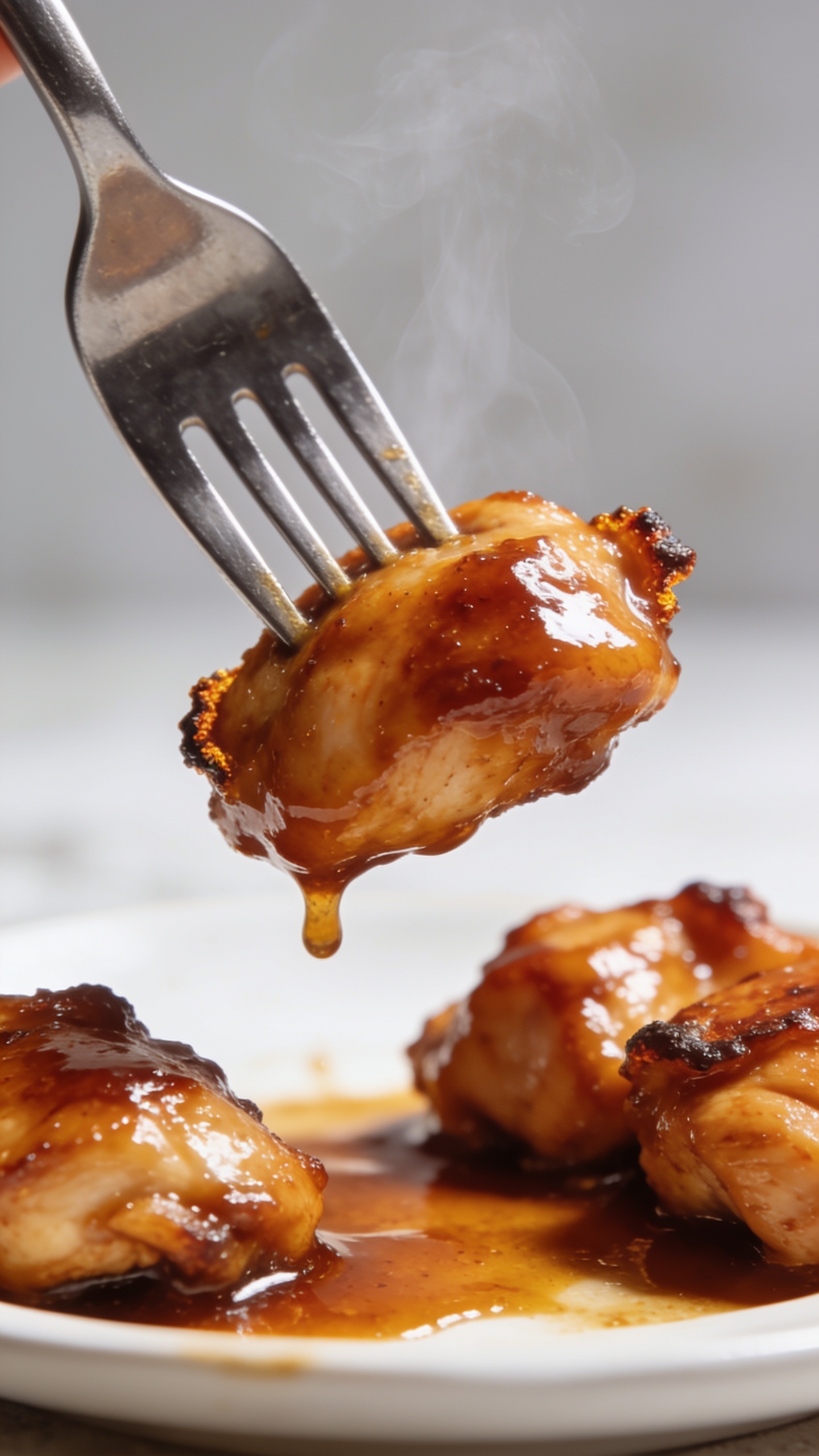 A dynamic close-up action moment: a fork lifting the perfect bite of glossy, caramelized chicken from the plate, sauce lightly dripping back, steam hints, crisp edges visible, bright natural light, shallow depth of field, food dominating the frame with premium styling.