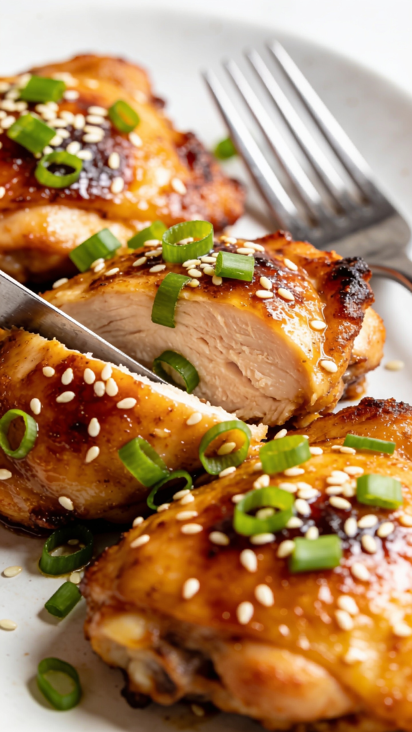 Ultra-close-up, three-quarter angled shot of the finished dish: juicy chicken thighs with shimmering glaze, sesame seeds and sliced green onions cascading onto the surface, crispy edges and tender interior visible through a knife-slice hint, vibrant color contrast, bright natural lighting, 90–95% food in frame, no utensils except a visible fork for context if needed—but keep hands out of frame.