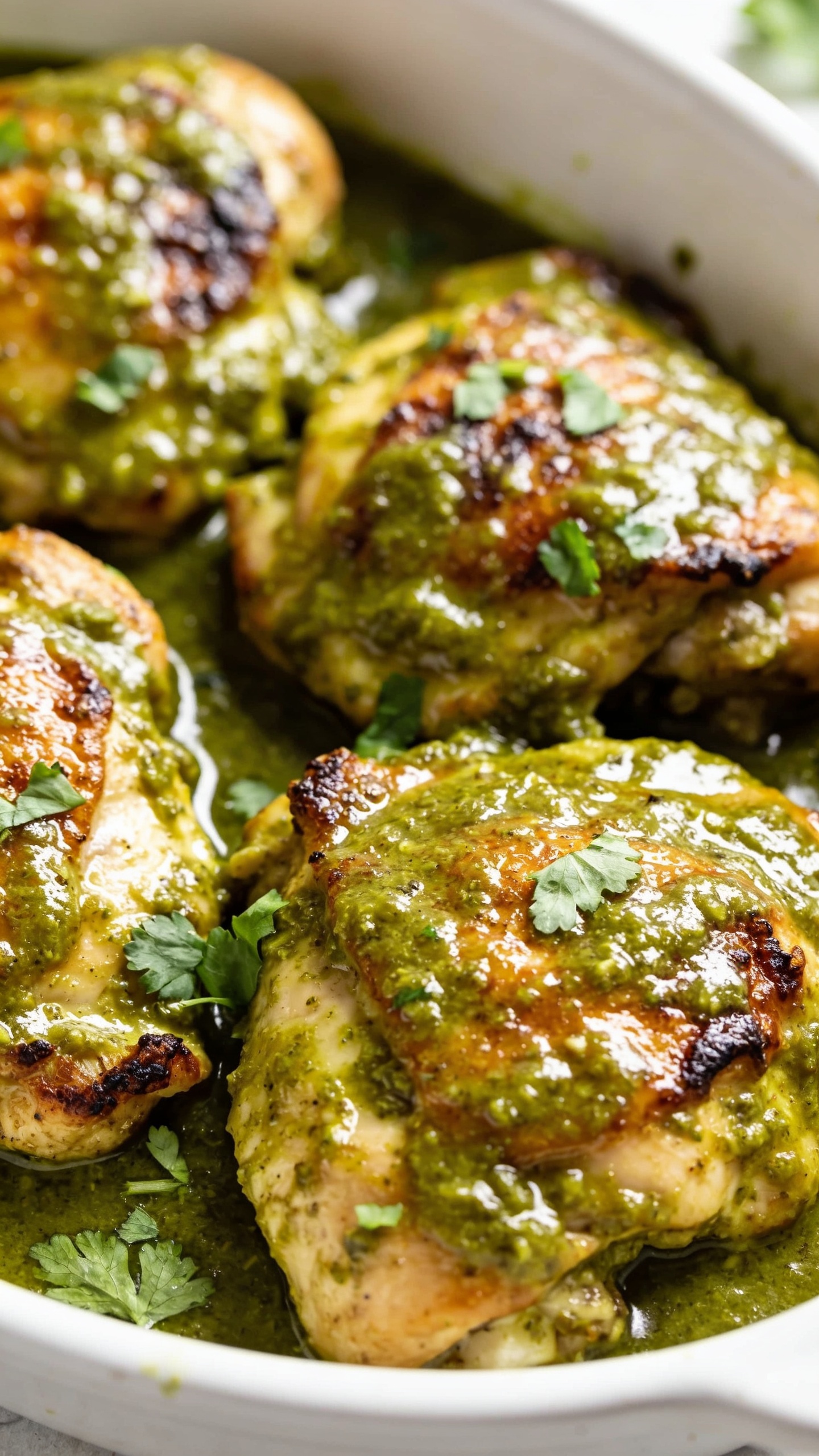 A stunning hero close-up of the finished high-protein salsa verde chicken thighs plated in a shallow white dish, vibrant verde sauce glossy over perfectly browned chicken thighs, crisp edges, a few flecks of fresh cilantro scattered, bright natural light, shallow depth of field, the plate occupying most of the frame, no text, food filling 90–95% of the frame.