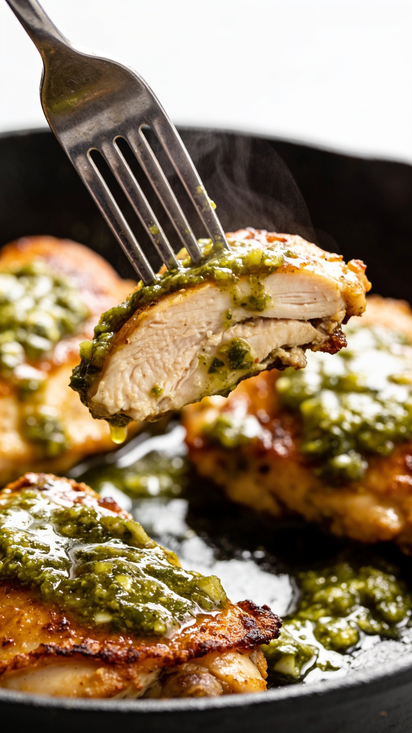A dynamic close-up action shot capturing the moment a fork lifts the perfect bite of the finished dish, a juicy chicken thigh with glossy salsa verde, steam just starting to rise, the fork mid-air with the bite about to be taken, macro focus on the crispy edges and sauce glistening, top-down or slight angled perspective, natural light, 90–95% food fill, no hands visible.