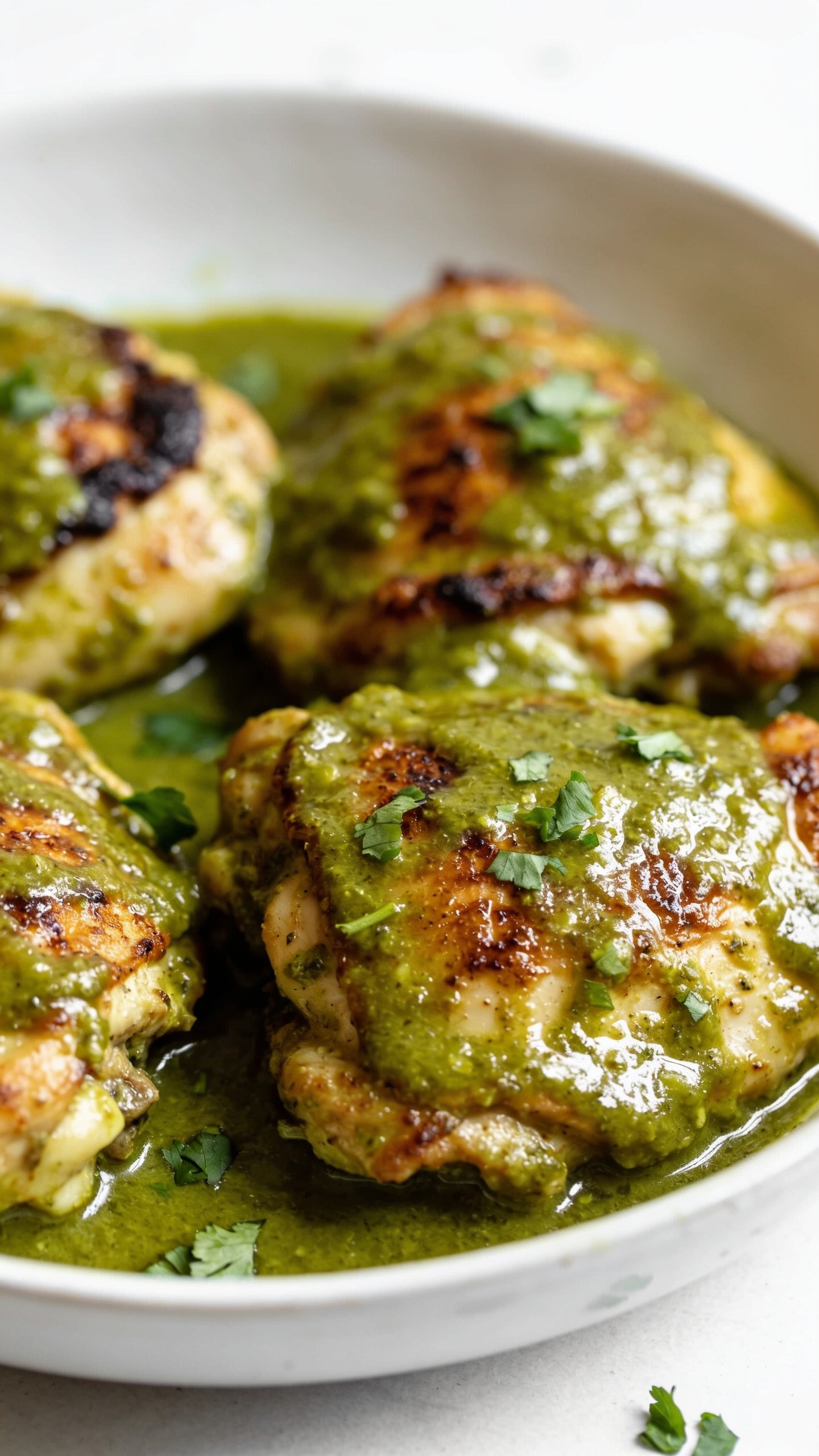 A ultra-close, premium food photo of the finished dish from a different angle, showing a bite-sized portion with melted sauce pooling, fresh cilantro and lime zest micro-sprinkled on top, rich textures of tender meat and glossy verde, shallow depth of field with bokeh background, bright natural lighting, 90–95% food fill, no text.