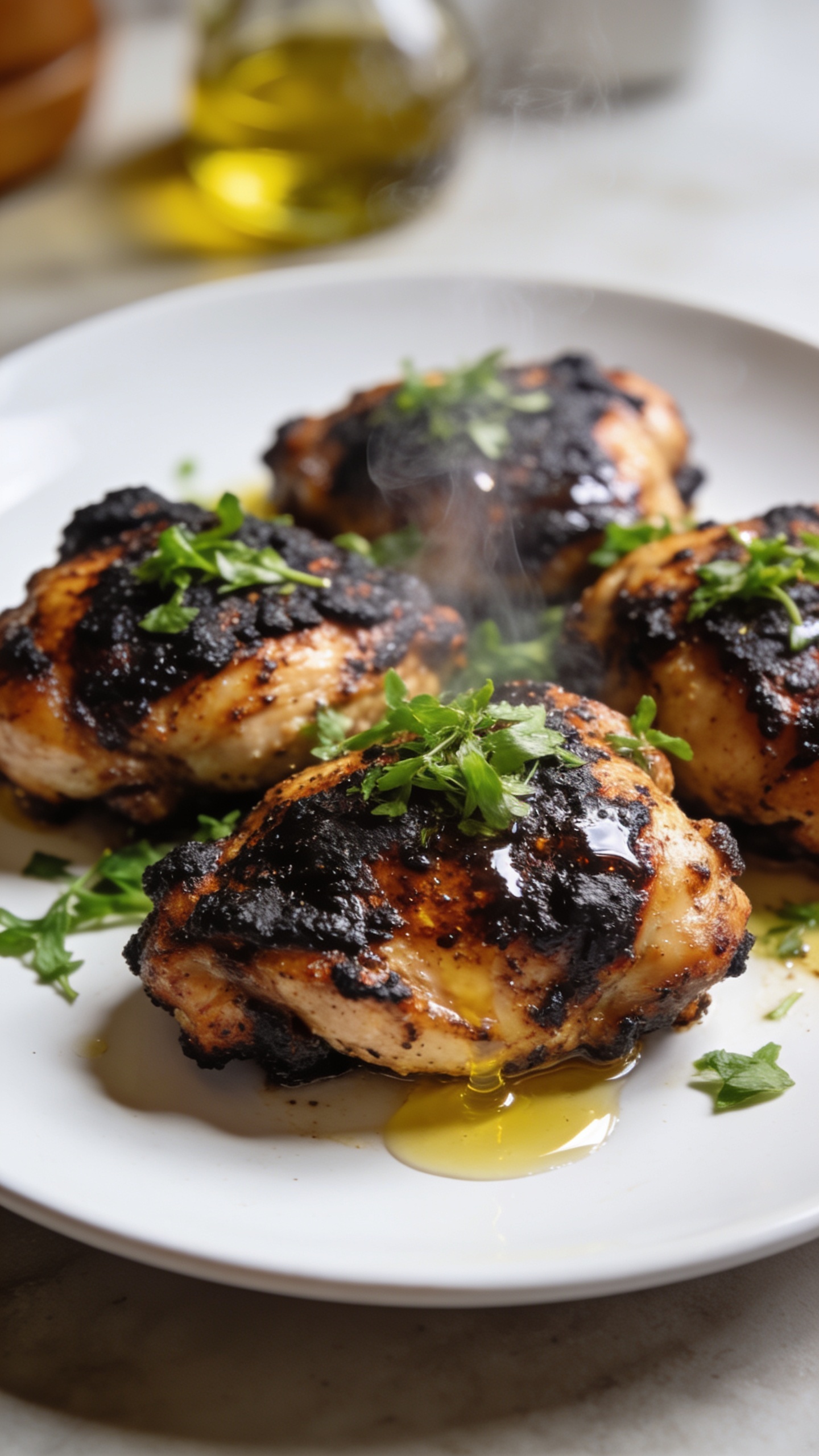 A stunning hero shot of the finished high-protein blackened chicken thighs plated on a clean white plate, glossy dark crust visible, vibrant greens from a fresh herb garnish, a light drizzle of olive oil catching the light, steam faintly rising, all under bright natural lighting with shallow depth of field and the plate filling the frame as the centerpiece.