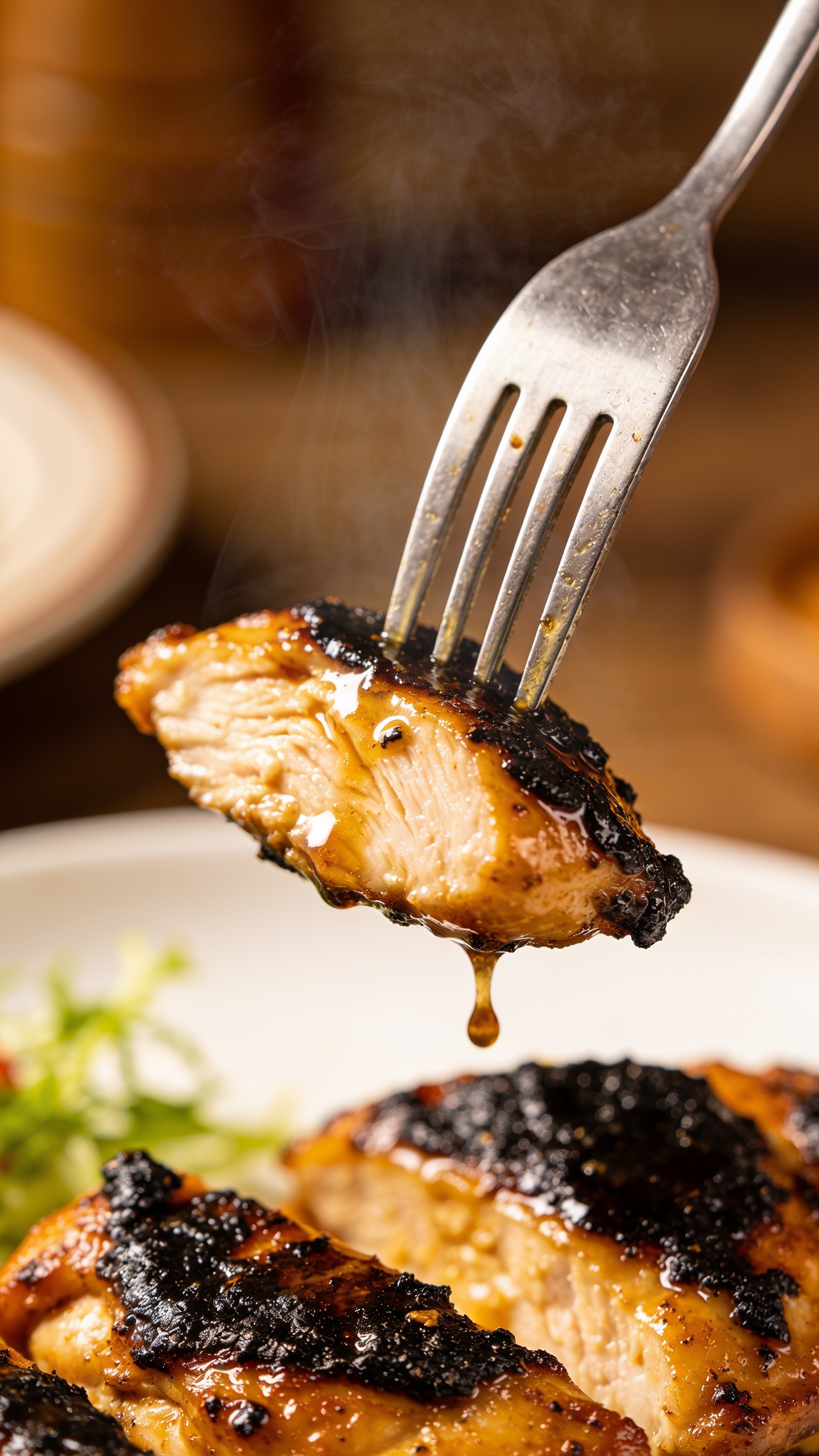 A dynamic close-up action moment: a fork is just about to lift the perfect bite of the finished dish, showing a juicy piece of blackened chicken with a glistening crust and a hint of juicy interior, sauce lightly clinging to the fork, steam rising, shallow depth of field, no hands visible, plate and garnish blurred in the background.