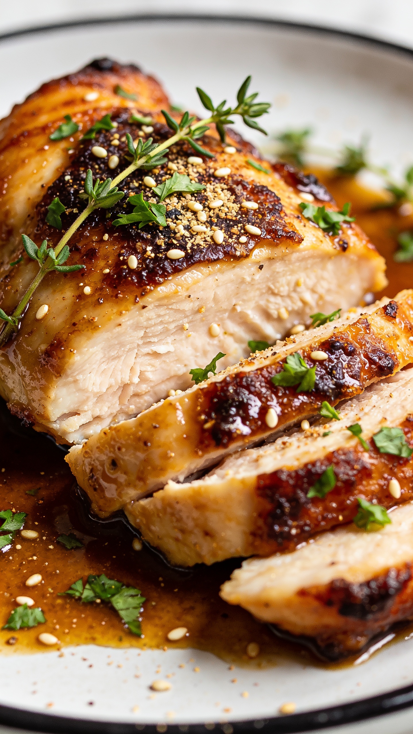 Ultra-close close-up from a slightly angled side view: the finished chicken thigh sliced to reveal juicy interior and crispy edges, glossy pan sauce coating the surface, fresh herbs like thyme or parsley sprinkled on top with sesame seeds or a light spice dust, vibrant color contrast, natural lighting, shallow depth of field, plate occupying most of the frame.