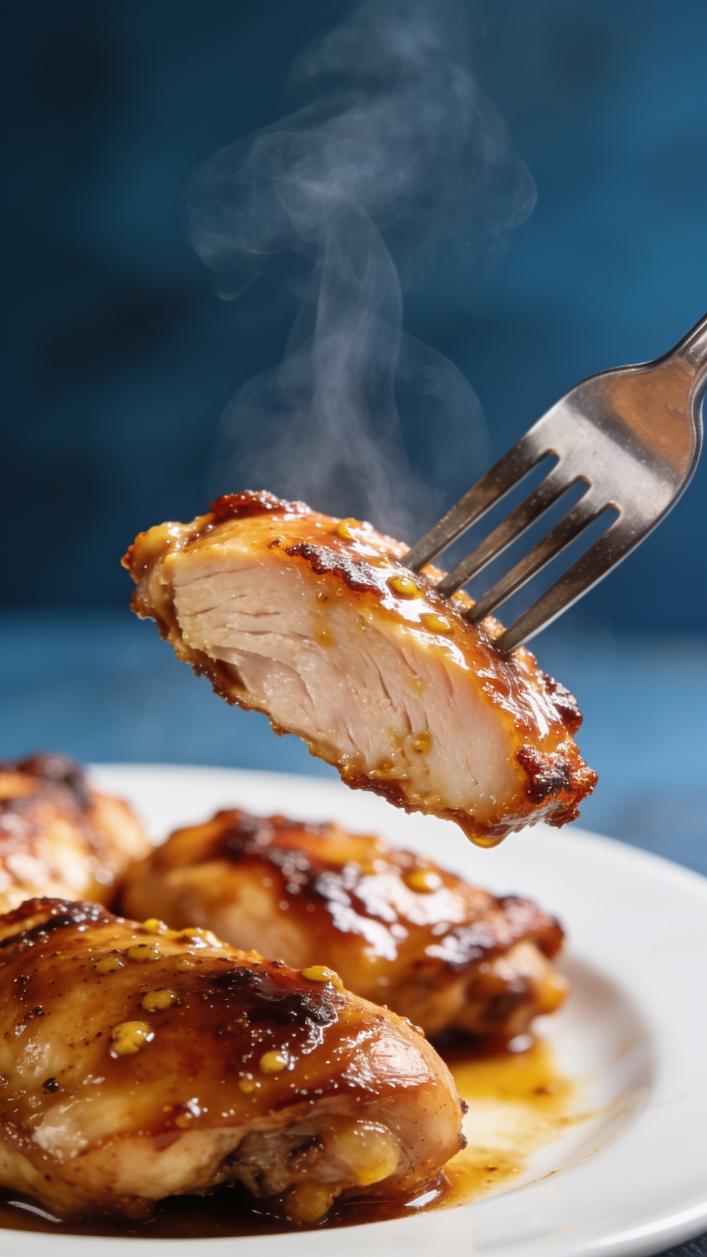 An irresistible, single mouth-watering moment: a fork lifting a perfect bite of the glossy maple-dijon-glazed chicken thigh from the plate, with steam wisps rising, the fork angled to show juicy interior and crisp edges; close-up, shallow depth of field, vibrant colors, bright natural lighting, food filling 90â95% of frame, no hands visible.