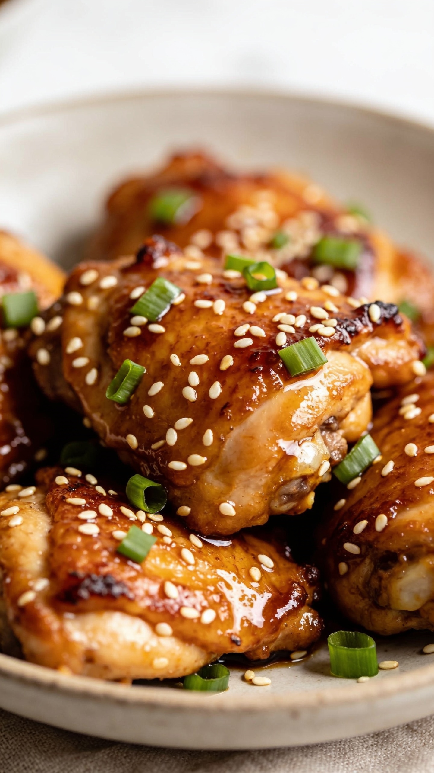 A stunning hero shot of the finished High Protein Sesame Garlic Chicken Thighs on a clean, neutral plate. The crispy, golden-brown skin glistens with a glossy sesame-garlic sauce, sesame seeds scattered, and a few green onion slivers adding color. The background is softly blurred, natural daylight highlights the textures—juicy chicken, crunchy edges, and vibrant sesame seeds—captured in ultra-close focus so the dish fills the frame.