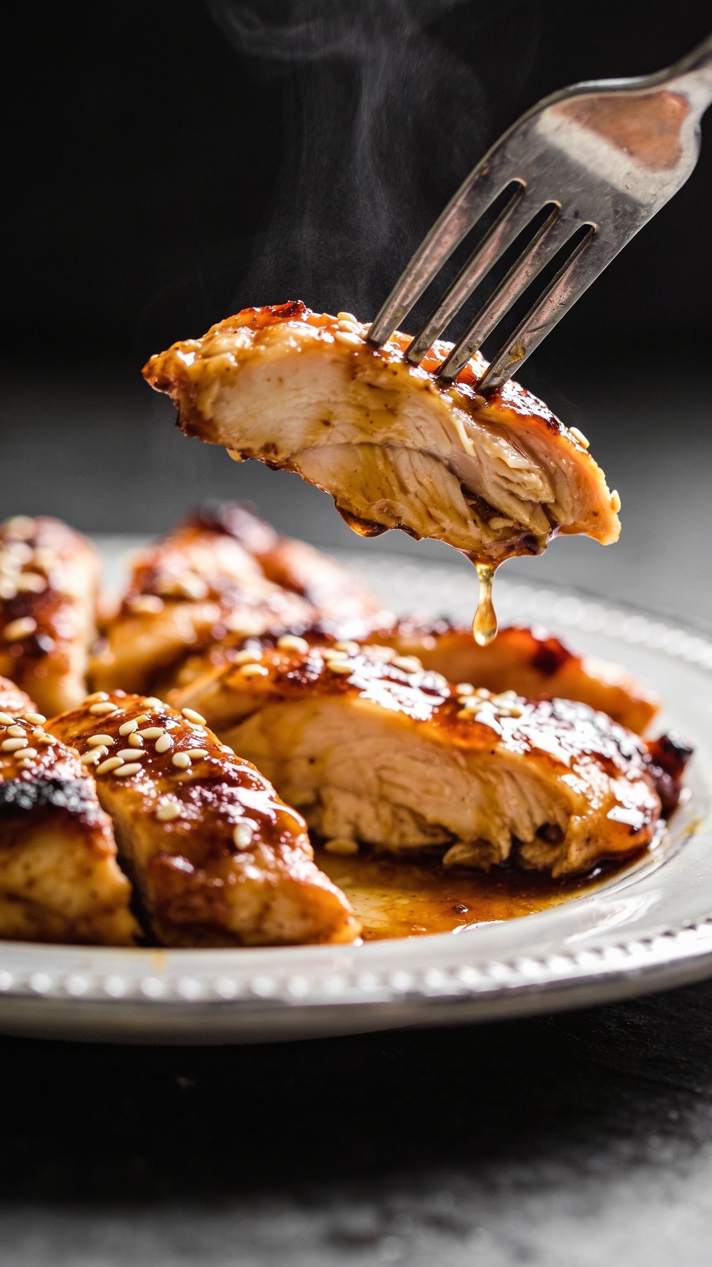 A dynamic, mouthwatering moment: a fork is lifting the perfect bite of the finished chicken, with glossy sauce dripping from the forkful and steam barely visible. The plate remains in clear view, emphasizing the caramelized skin, tender interior, and a sheen of sesame glaze. The shot is tightly cropped to keep the food as the primary focus, natural light enhancing the glaze and textures.