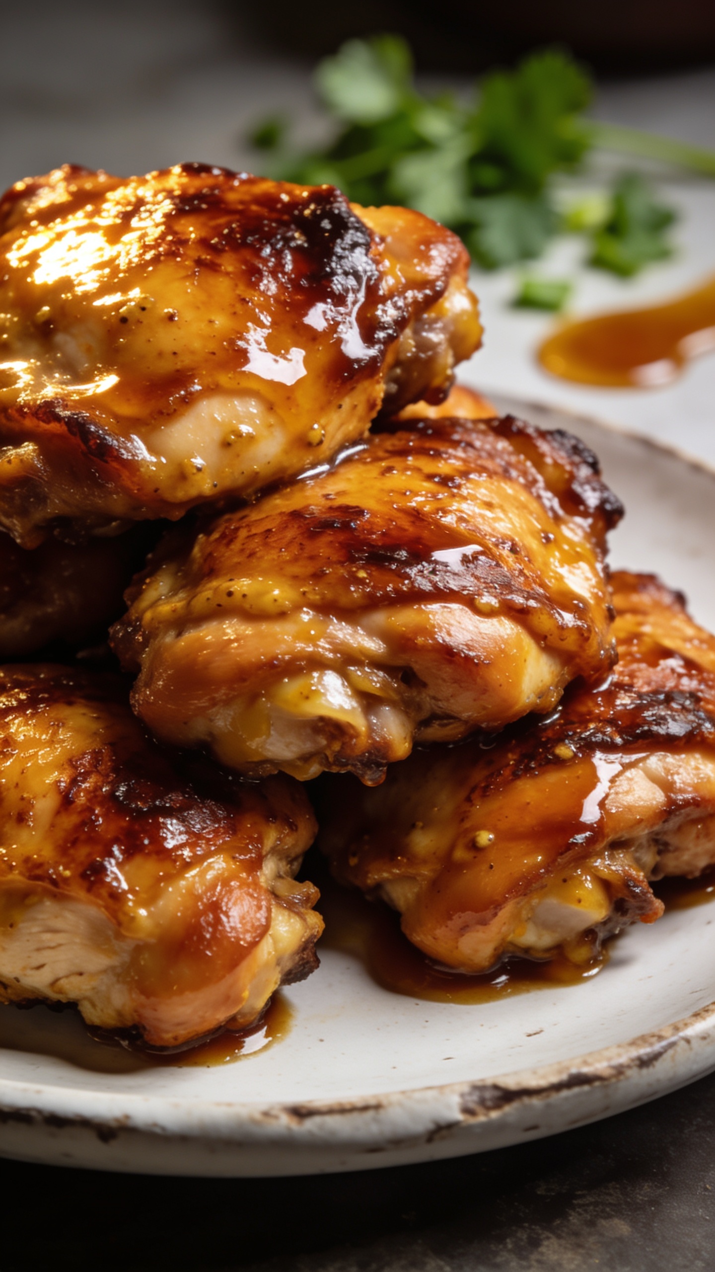 A stunning hero image of finished Maple Dijon Chicken Thighs on a pristine plate with a glossy caramelized glaze, bone-in, skin-on thighs arranged in a visually appealing cluster; the plate sits on a light wooden table with natural, bright sunlight, shallow depth of field, rich textures of crispy skin and luscious glaze, no text, 90â95% of frame filled by the dish.