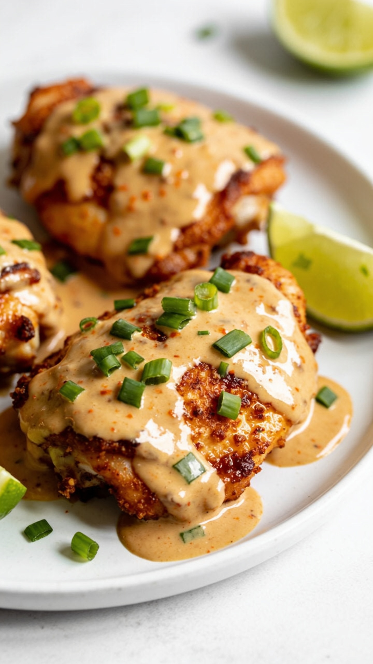 A second close-up, three-quarter angle of the finished dish showing juicy, crispy chicken with creamy sauce, steam barely visible, fresh herbs and lime zest glistening on top, glossy coating catching the light, plate fill at 90–95%, shallow depth of field, high-end food-photography styling, no utensils in the frame.