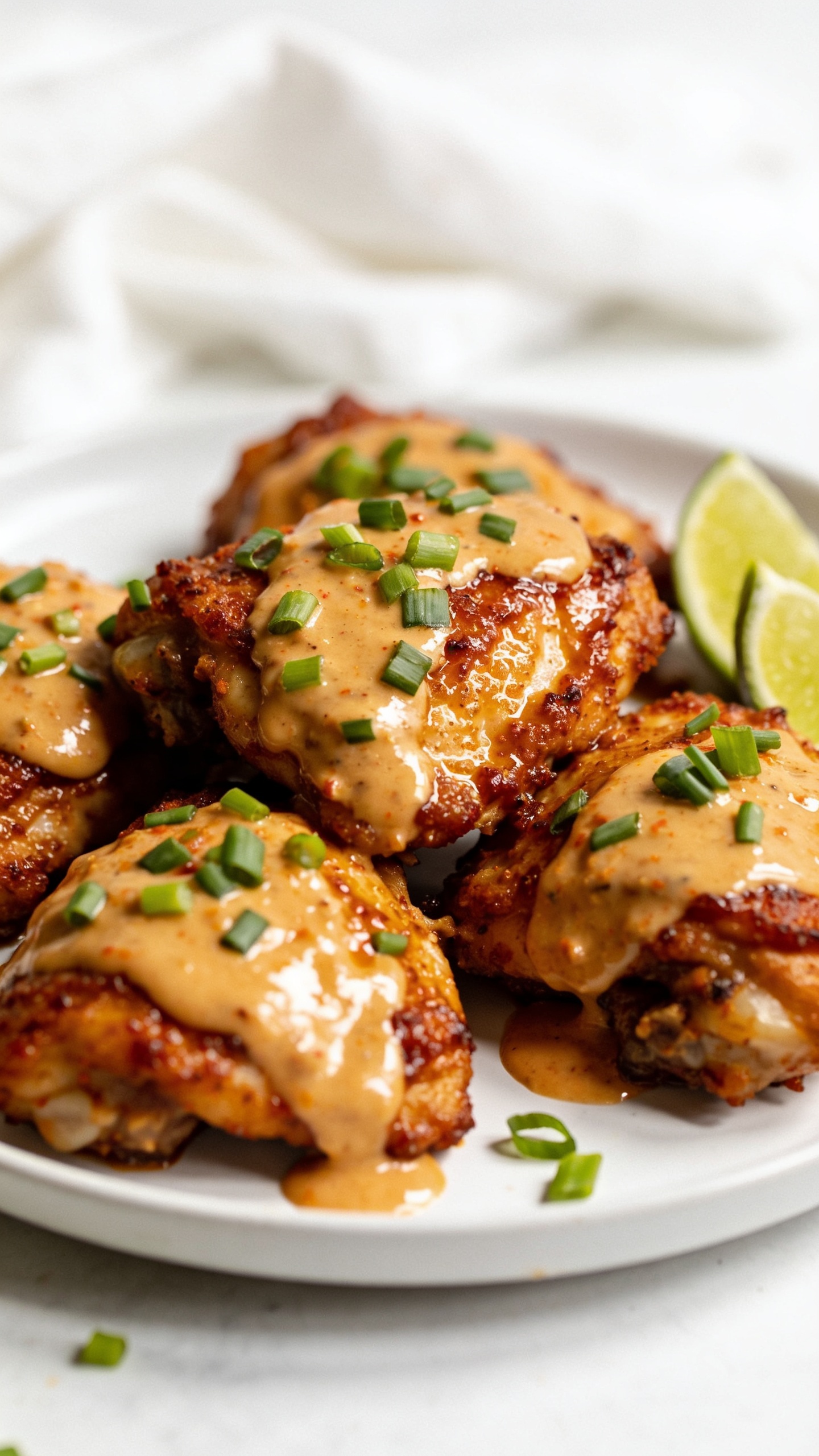 A dazzling hero shot of the finished High Protein Bang Bang Chicken Thighs plated on a glossy white plate, the saucy glaze clinging to the bite-sized chunks with crispy edges, vibrant green onions scattered, lime wedge for color, and a light sheen from natural daylight; no people, the plate centered, shallow depth of field, extreme close-up capturing rich textures and glossy sauce, 90–95% frame occupancy.