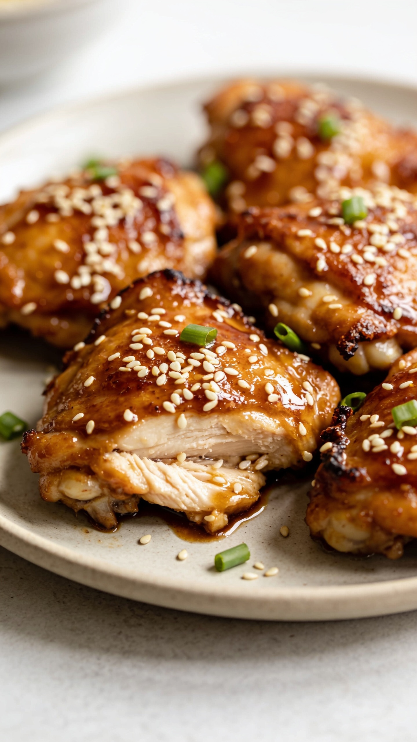 Ultra-close-up, premium food-photo style close-up from a slightly angled side view: the finished chicken thigh skin crispy and lacquered, sesame seeds visible, garlic-scented glaze clinging to every crevice, with a few green onions and sesame seeds falling onto the dish. Shallow depth of field isolates the glossy surface and juicy interior, bright natural lighting highlighting the texture, color, and juicy richness, the plate occupying most of the frame.